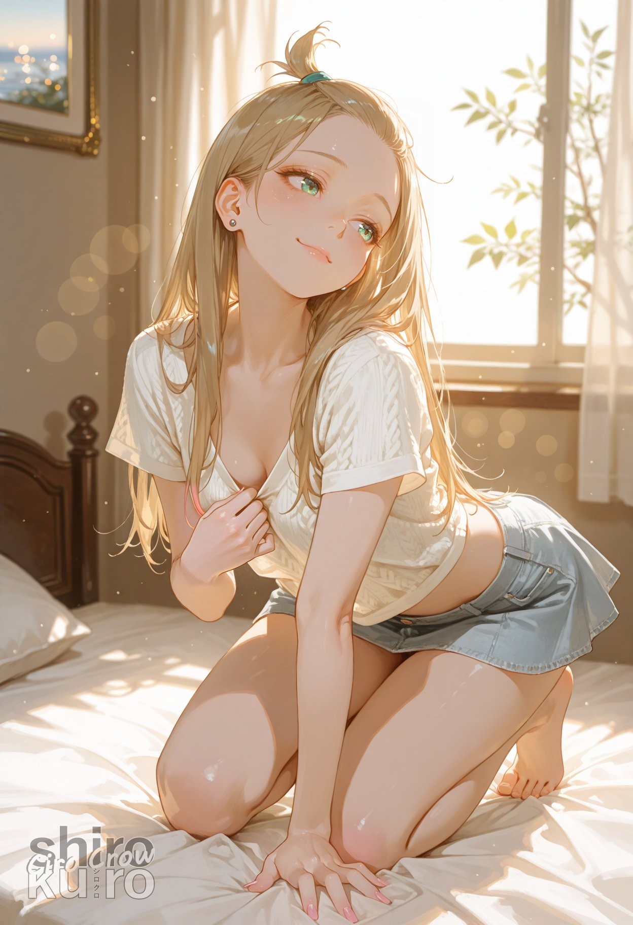 少女淺金色長髮搭配白色針織開衫和淺藍牛仔短裙在陽光明媚的臥室中