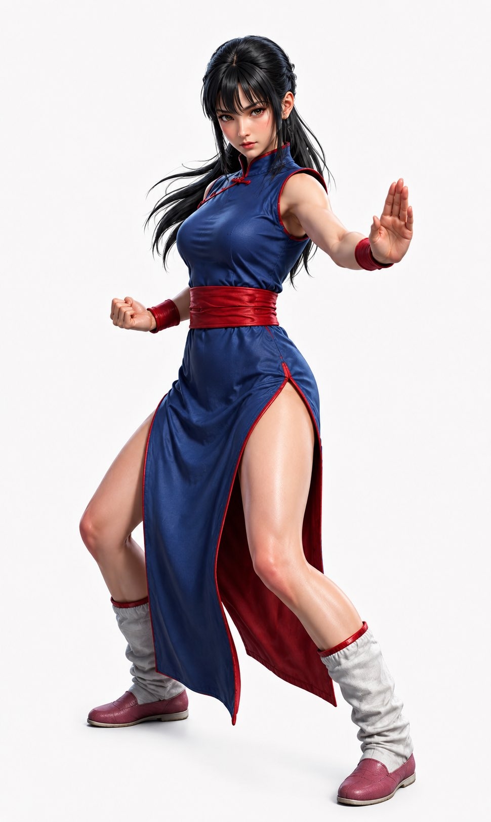 Uma artista marcial feminina com cabelo preto preso em um coque usando um qipao sem mangas azul escuro mostrando uma pose de combate