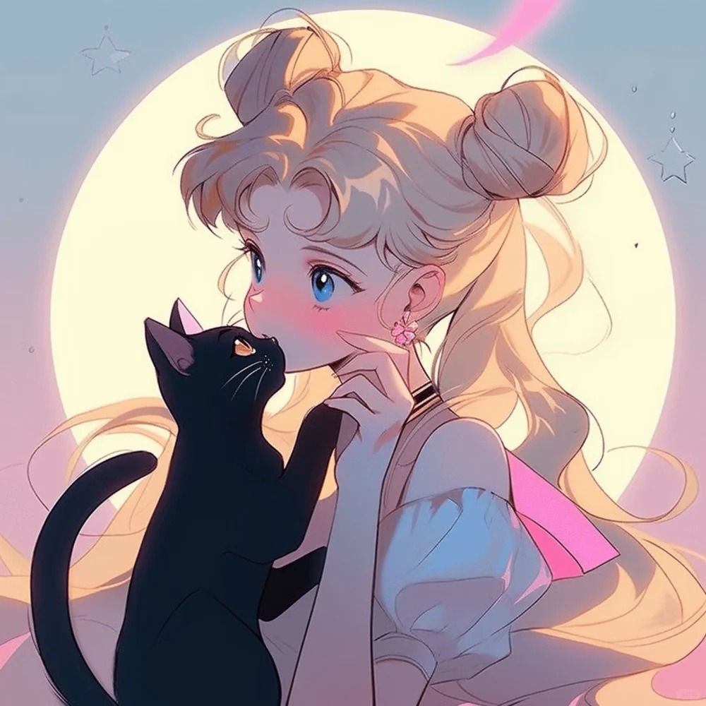 A blonde twin-tailed girl in a sailor suit with a black cat