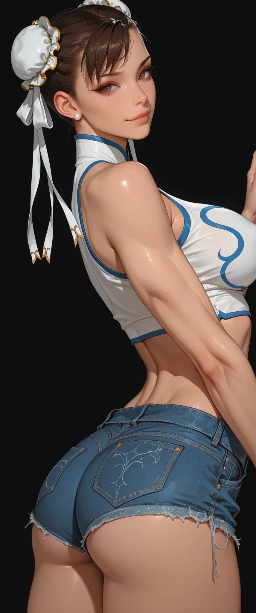 Das Kunstwerk zeigt die weibliche Figur Chun-Li im Profil, die ihre athletische Figur und stilvolle Kleidung präsentiert
