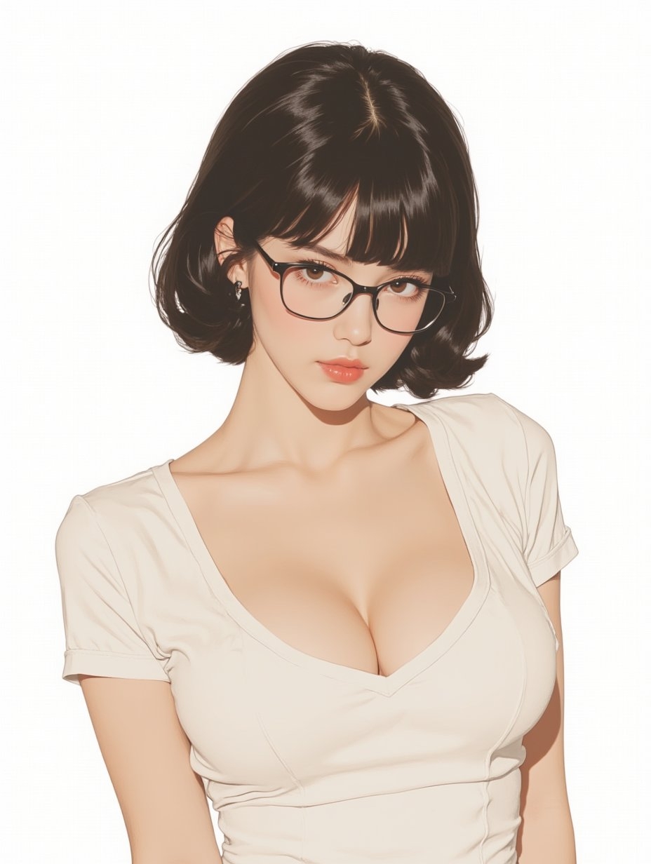 Short black hairstyle with glasses and a deep V tight T-shirt showcases an intellectual ch...