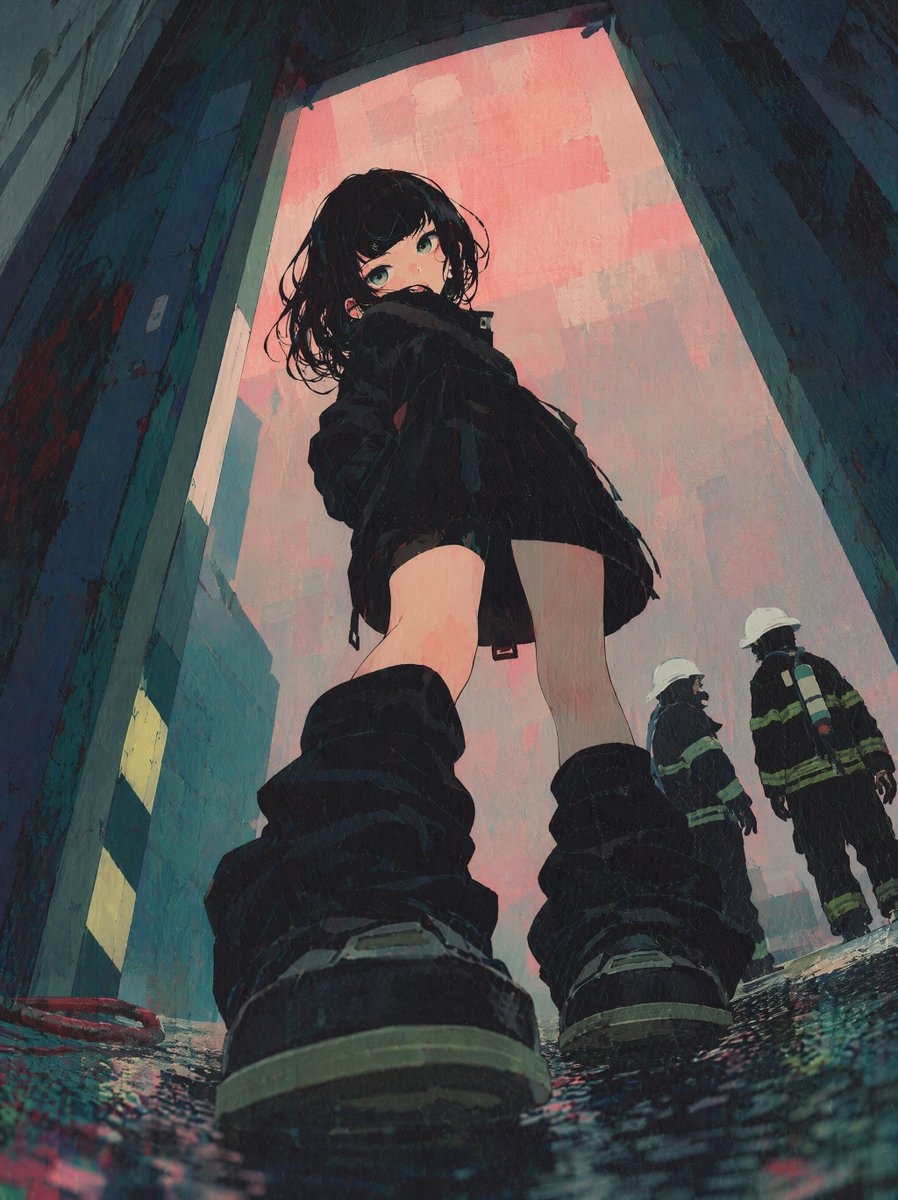 The girl has black hair and wears a high-neck black coat and a short skirt