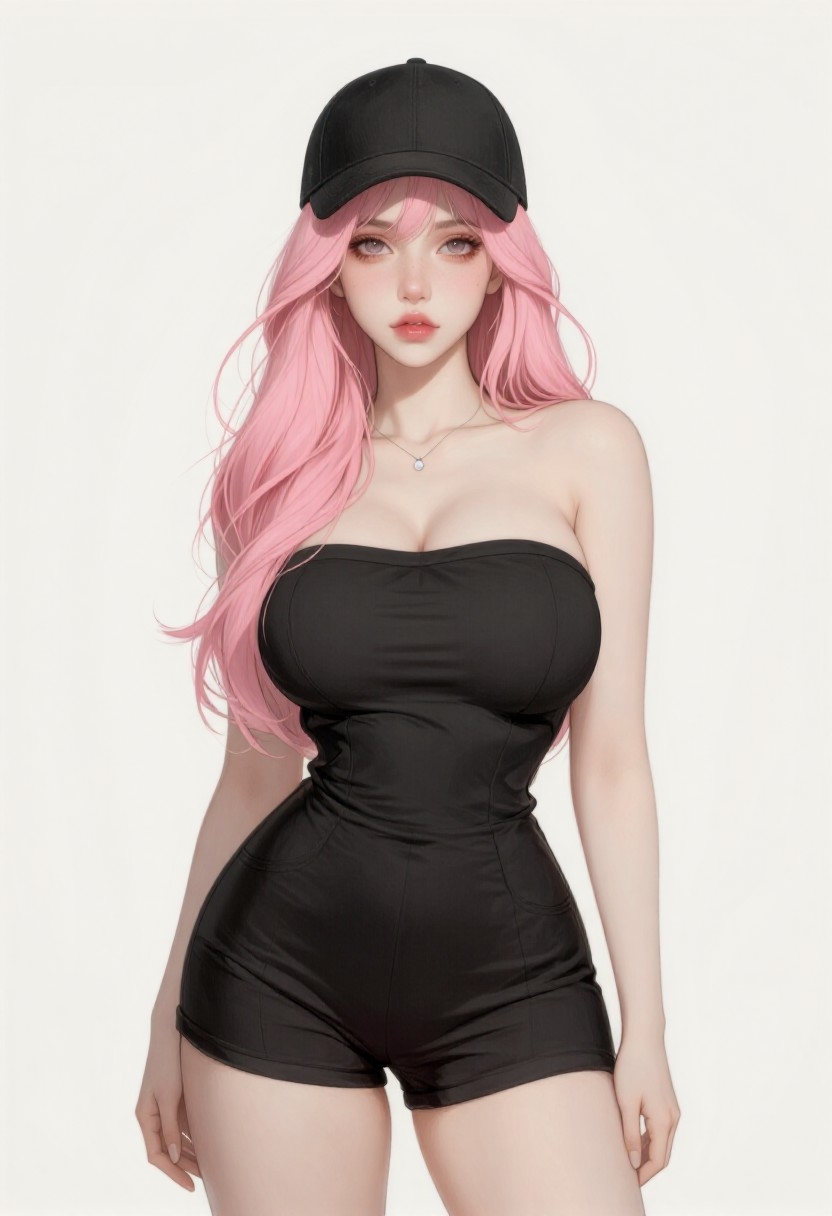 The pink-haired beauty is wearing a black jumpsuit