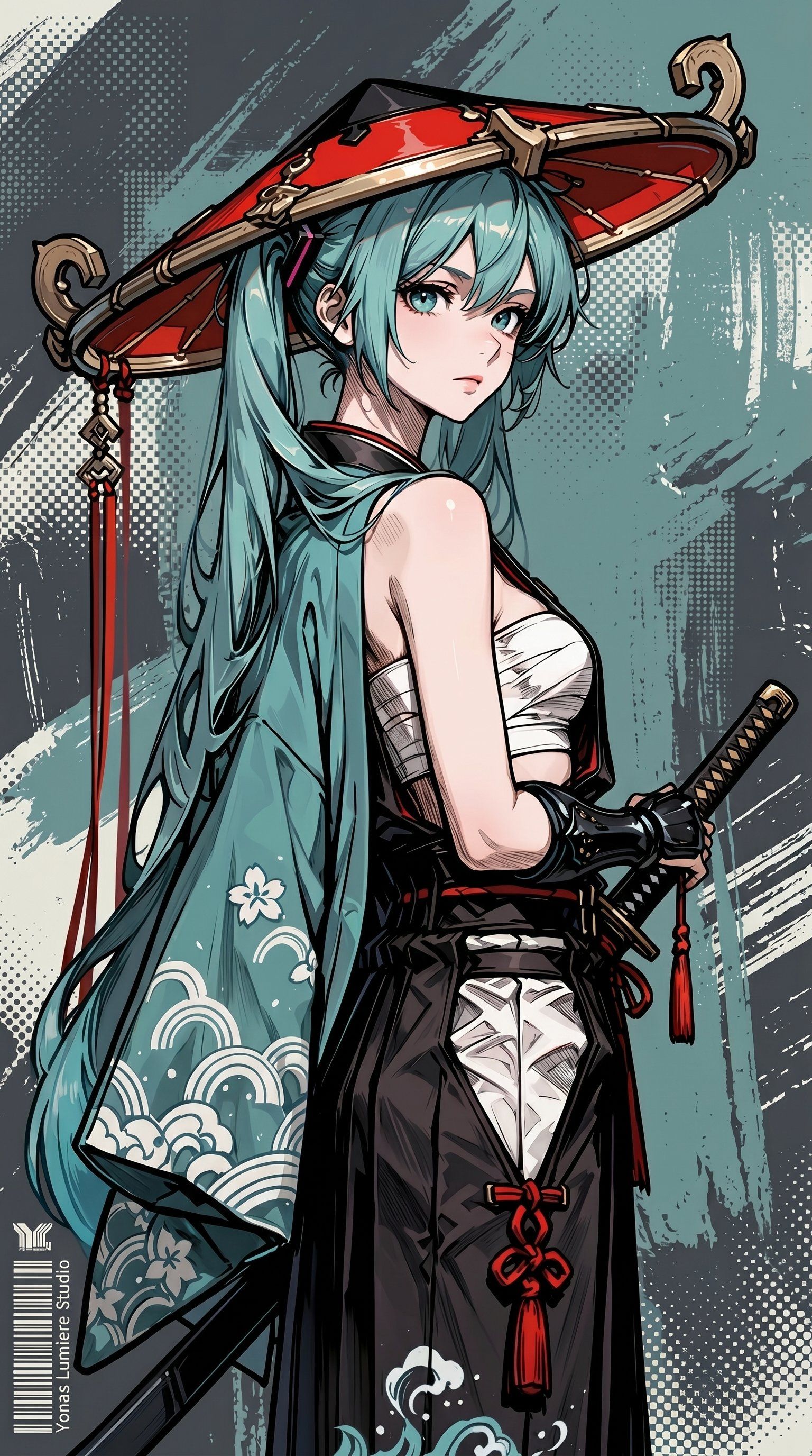 A woman with long teal hair wearing a large red bow and a sleeveless white top paired with a dark strap skirt