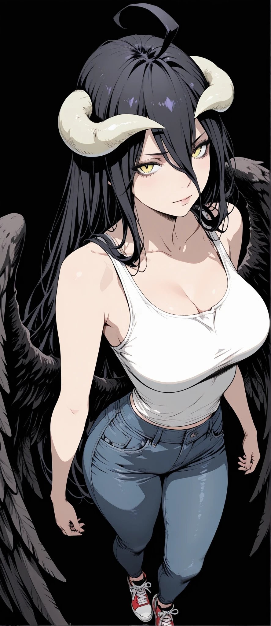 A woman with long black straight hair wears a white fitted top and dark blue jeans