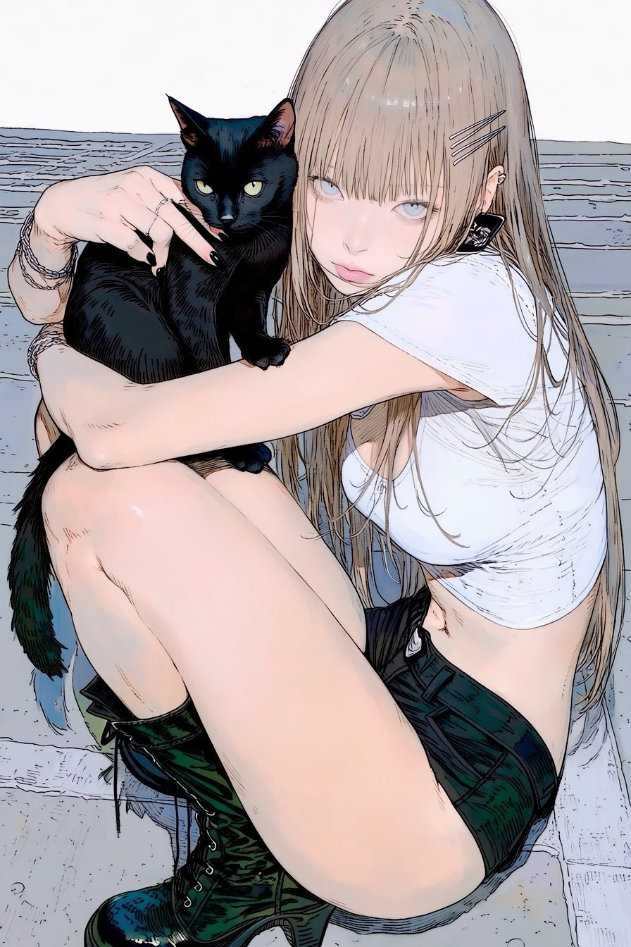 Dark gothic two-dimensional girl with black and white gradient long hair and blue eyes