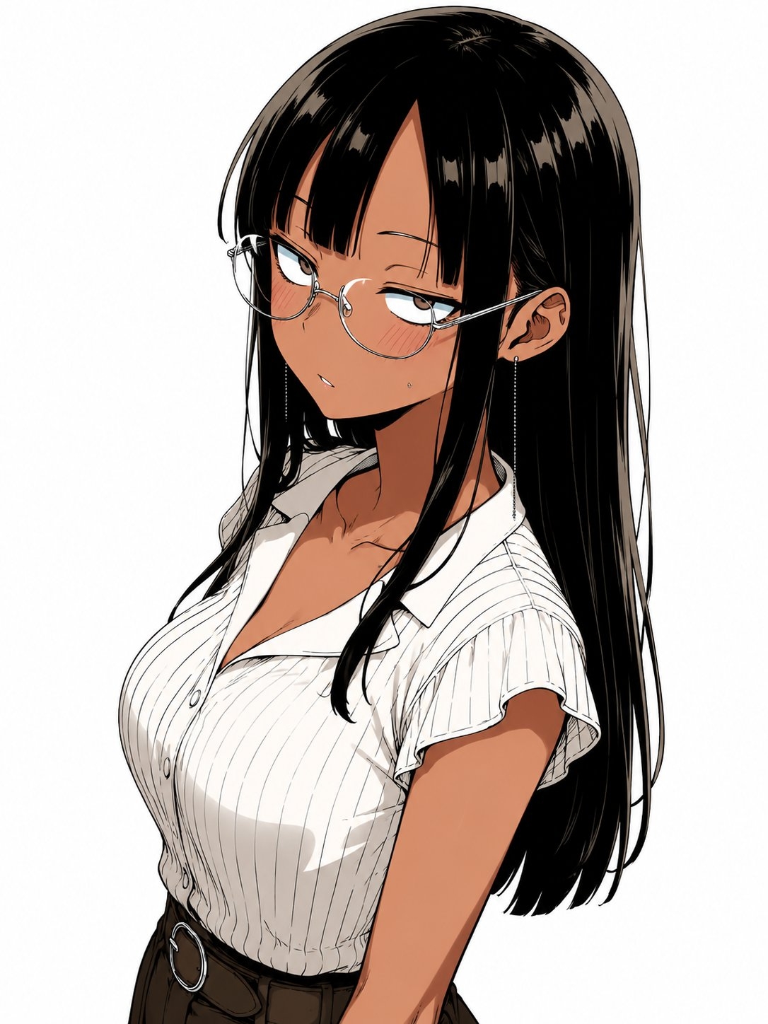 Una mujer de piel marrón oscuro lleva una camisa blanca de rayas y pantalones de pierna ancha de talle alto marrón oscuro
