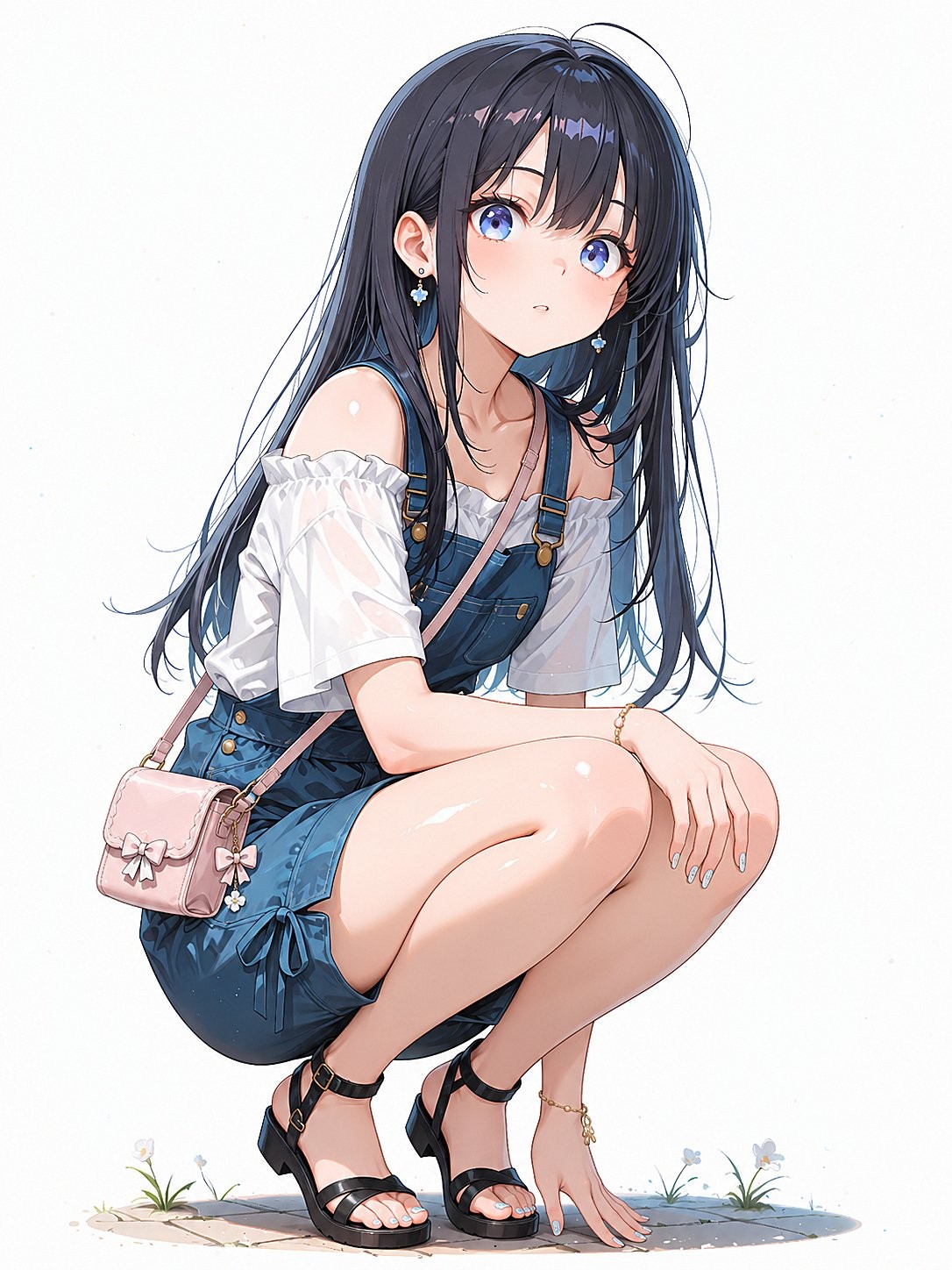 The blue-eyed girl is wearing an off-shoulder white blouse and a denim overall dress, paired with a pink bow bag and black sandals