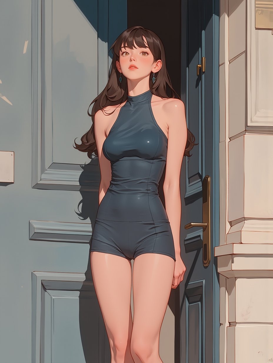 A pure girl in a navy halter jumpsuit gazes upward against a European porch background