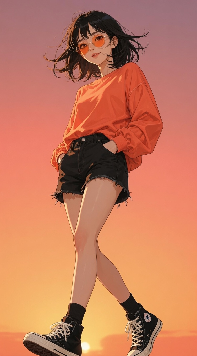 Black short hair with a loose orange-red sweatshirt and high-waisted denim shorts creates a retro street style