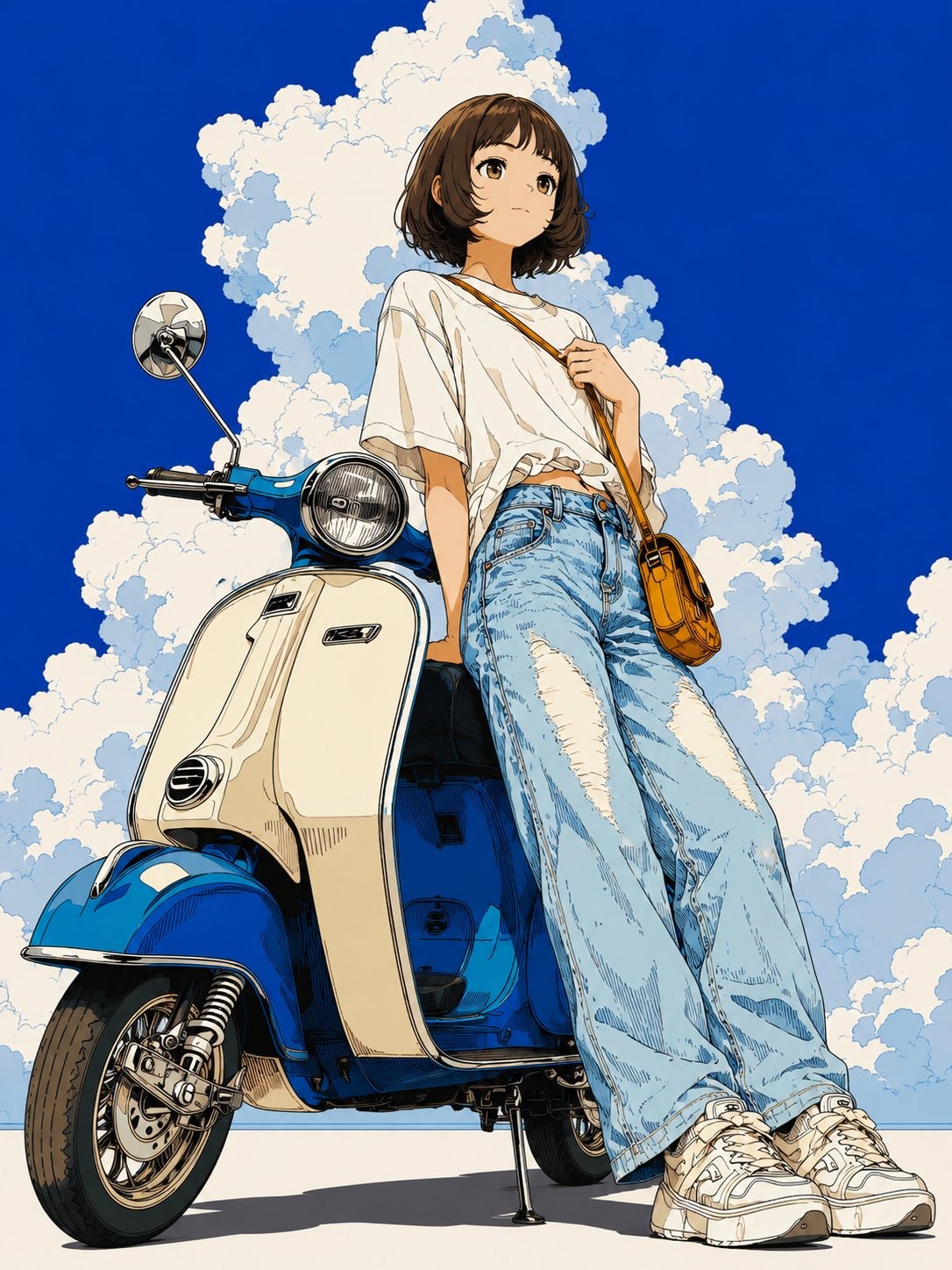 The girl wears a deep brown bob with a loose white T-shirt and ripped jeans, leaning against a motorcycle