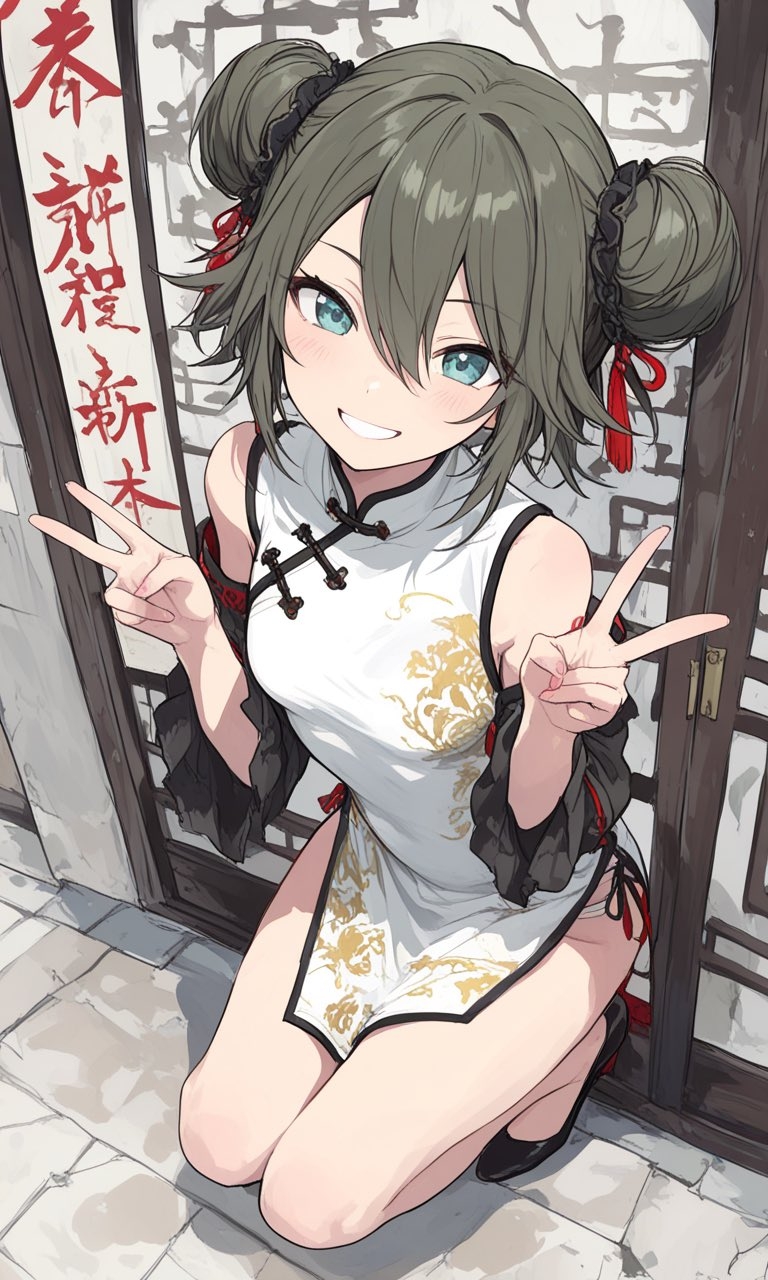 Wearing a gray-green double bun hairstyle with a red tassel accessory and a white high-neck qipao showcases a new Chinese festive style