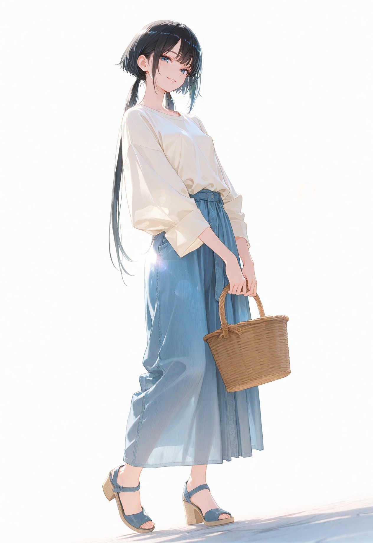 A girl with a low ponytail and black hair, wearing an ivory oversized top and high-waisted denim skirt, carries a small basket while showcasing a fresh summer vibe