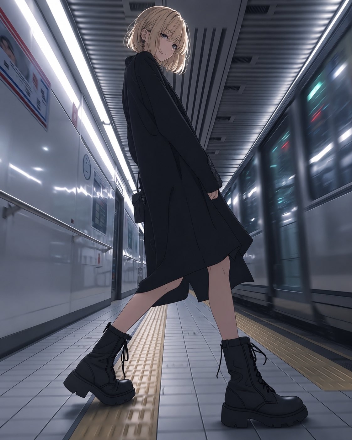 Ein blondes Mädchen in einem schwarzen Mantel und dicken Stiefeln dreht sich um, um den vorbeifahrenden U-Bahn-Zug an der Station zu sehen
