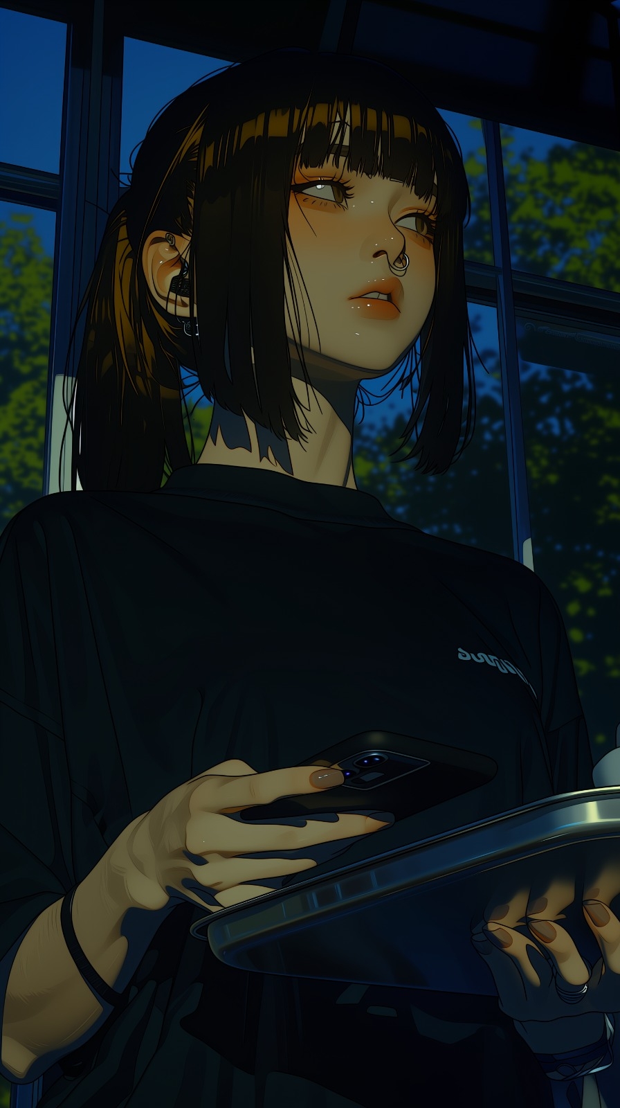 Depicts a weary girl with short black hair on a night bus embodying an underground culture...