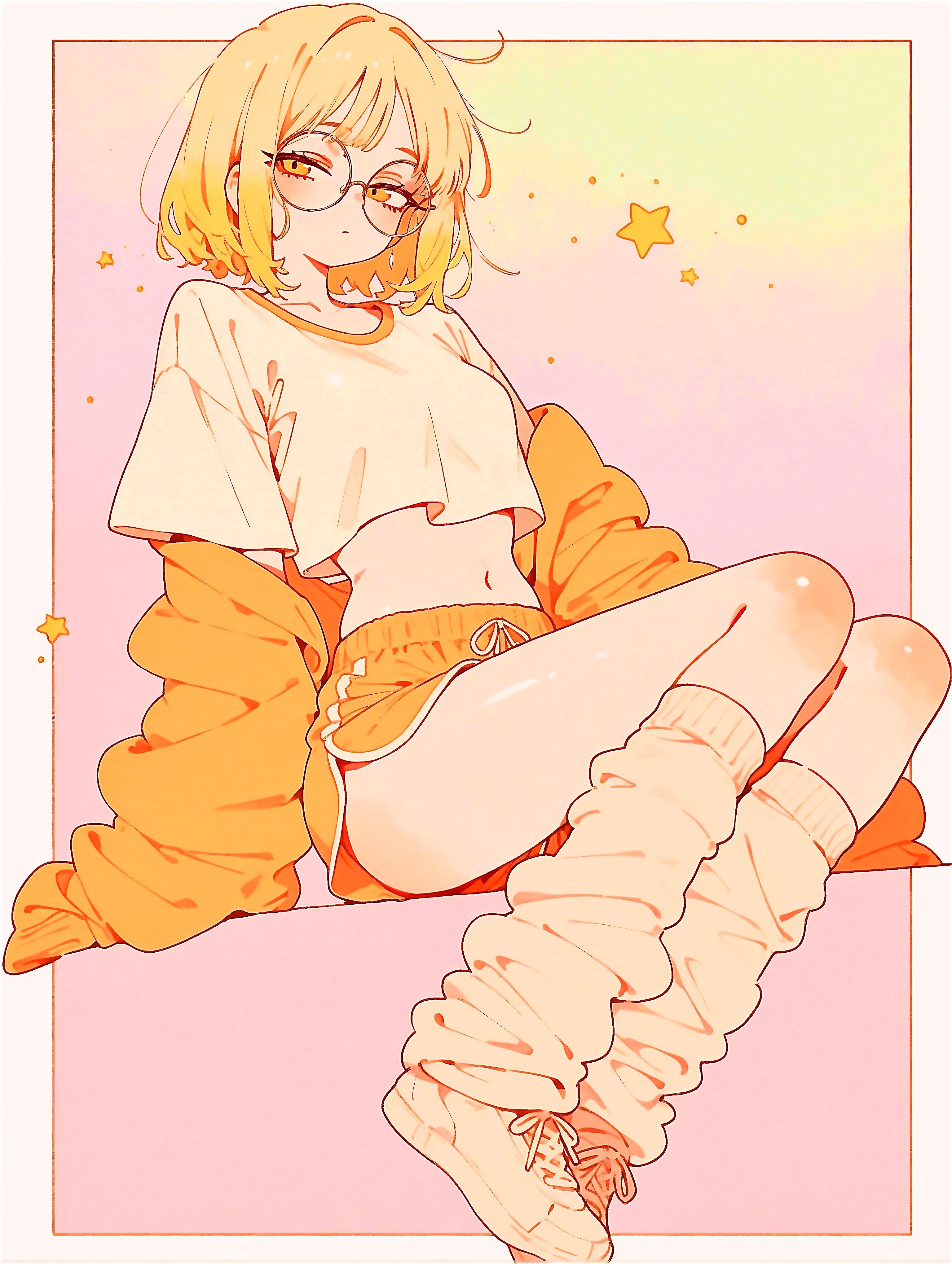 A girl in orange shorts and a white T-shirt is sitting relaxed