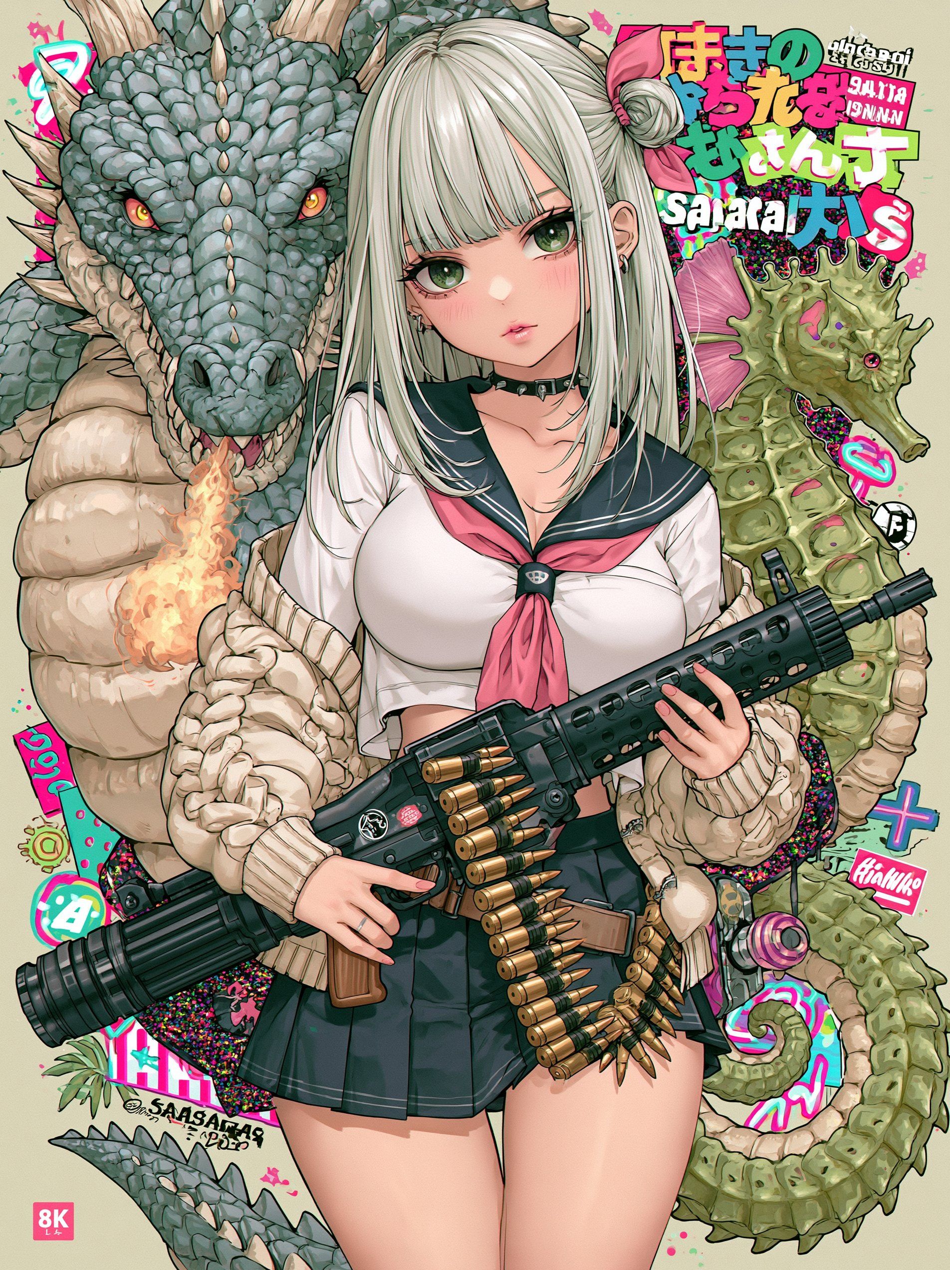 A silver-haired, green-eyed schoolgirl in a sailor uniform and pink bow contrasts with a gun and a gray dragon