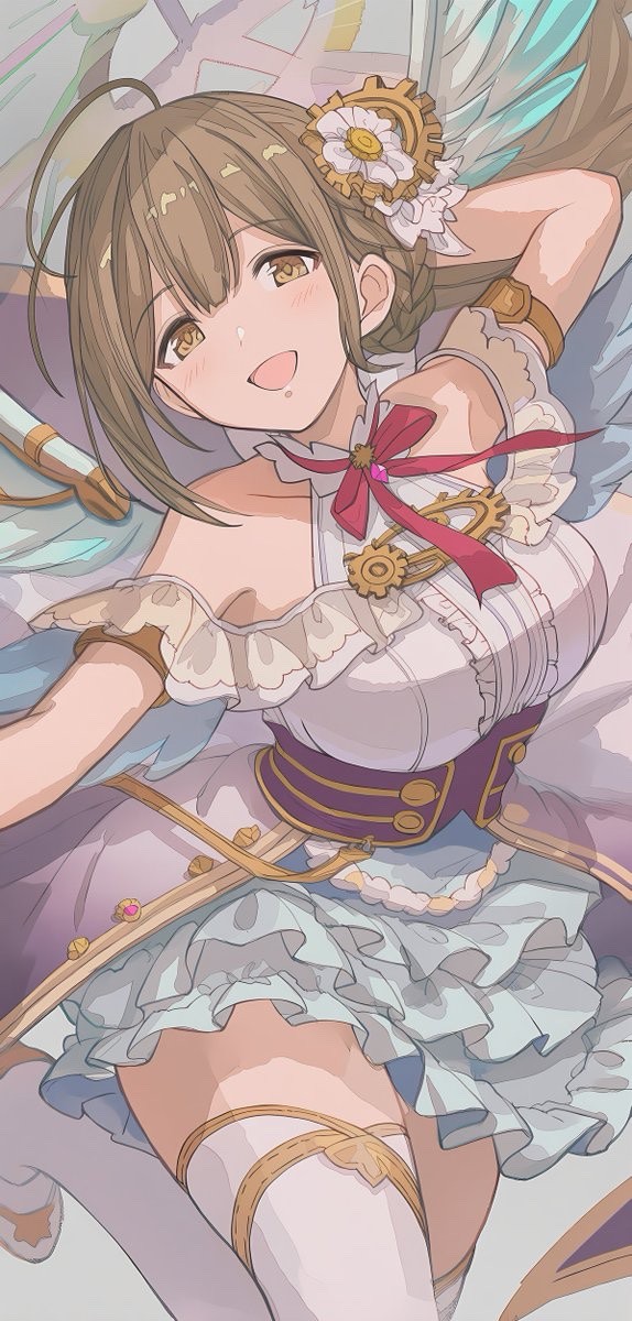 A steampunk idol wears a white dress with gear flower accessories and a purple belt, showi...