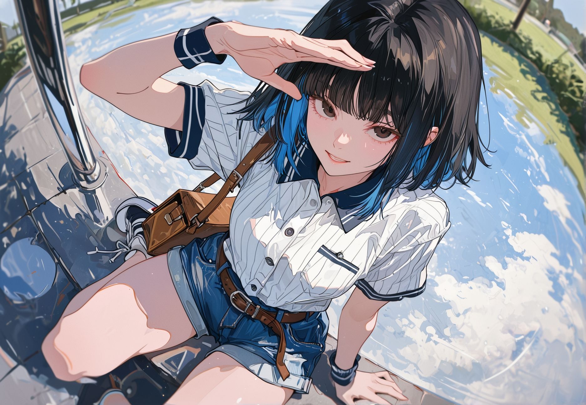 A girl with black and blue dyed short hair smiles while overlooking the sky and water refl...