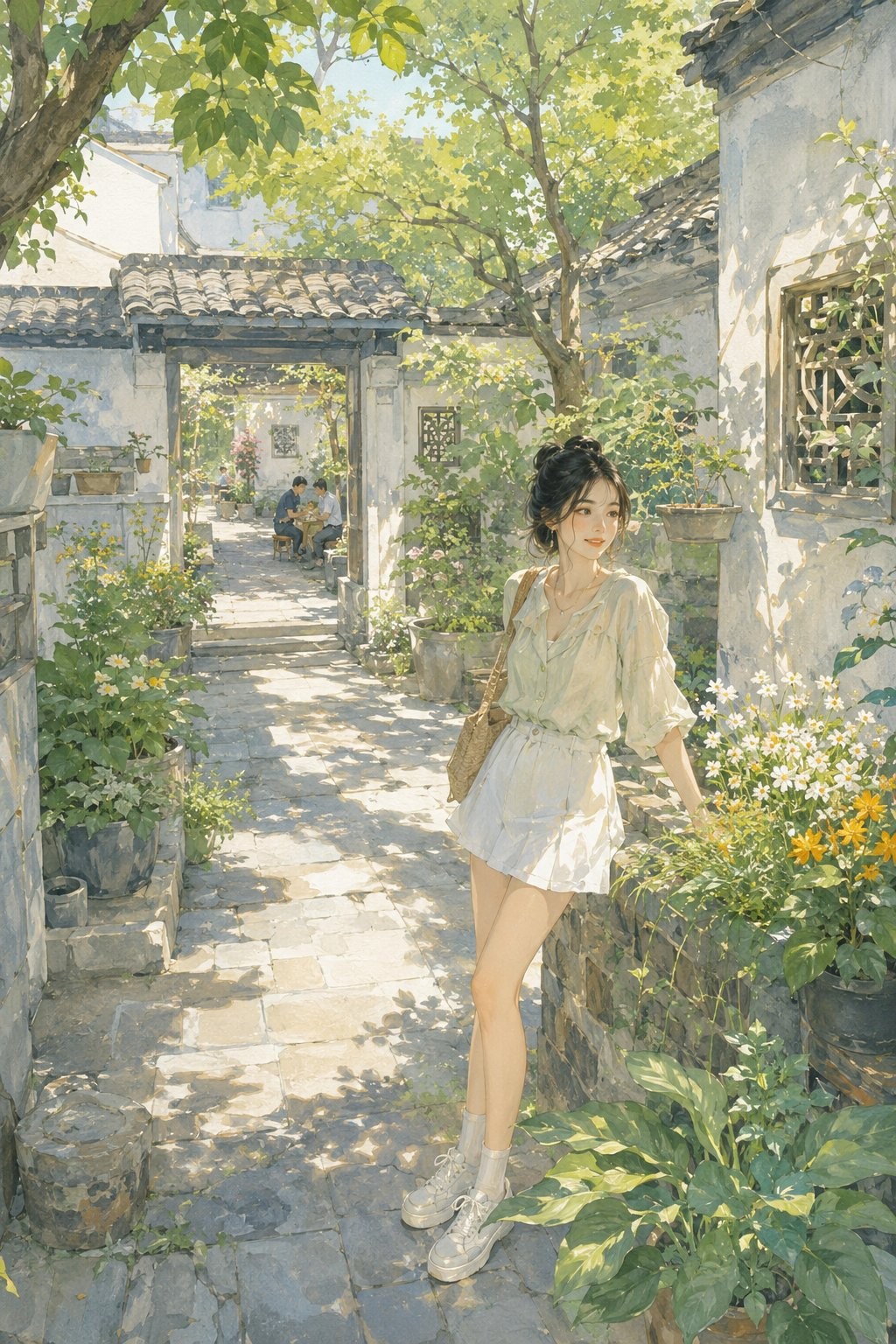 Con un peinado recogido, camisa verde claro y falda blanca, sosteniendo una bolsa de paja en un callejón de piedra azul