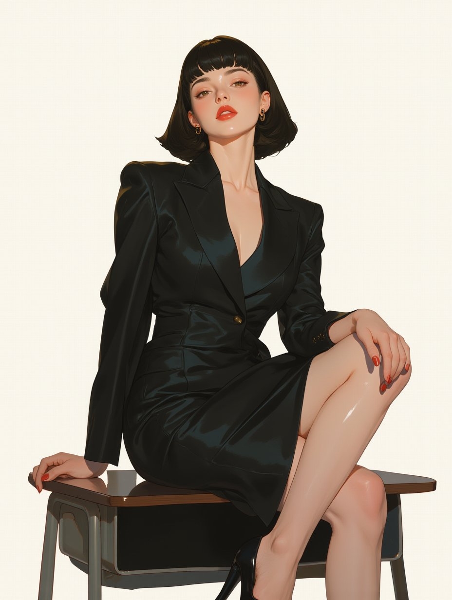 Reine de l'anime avec des cheveux noirs et des lèvres rouges, vêtue d'un costume noir, assise avec élégance