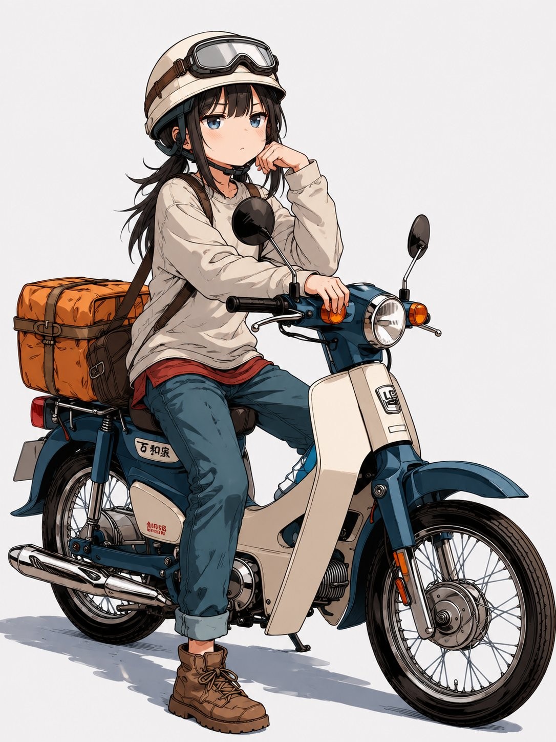 The girl rides a vintage motorcycle, wearing a helmet and displaying a contemplative expression with a hint of confusion