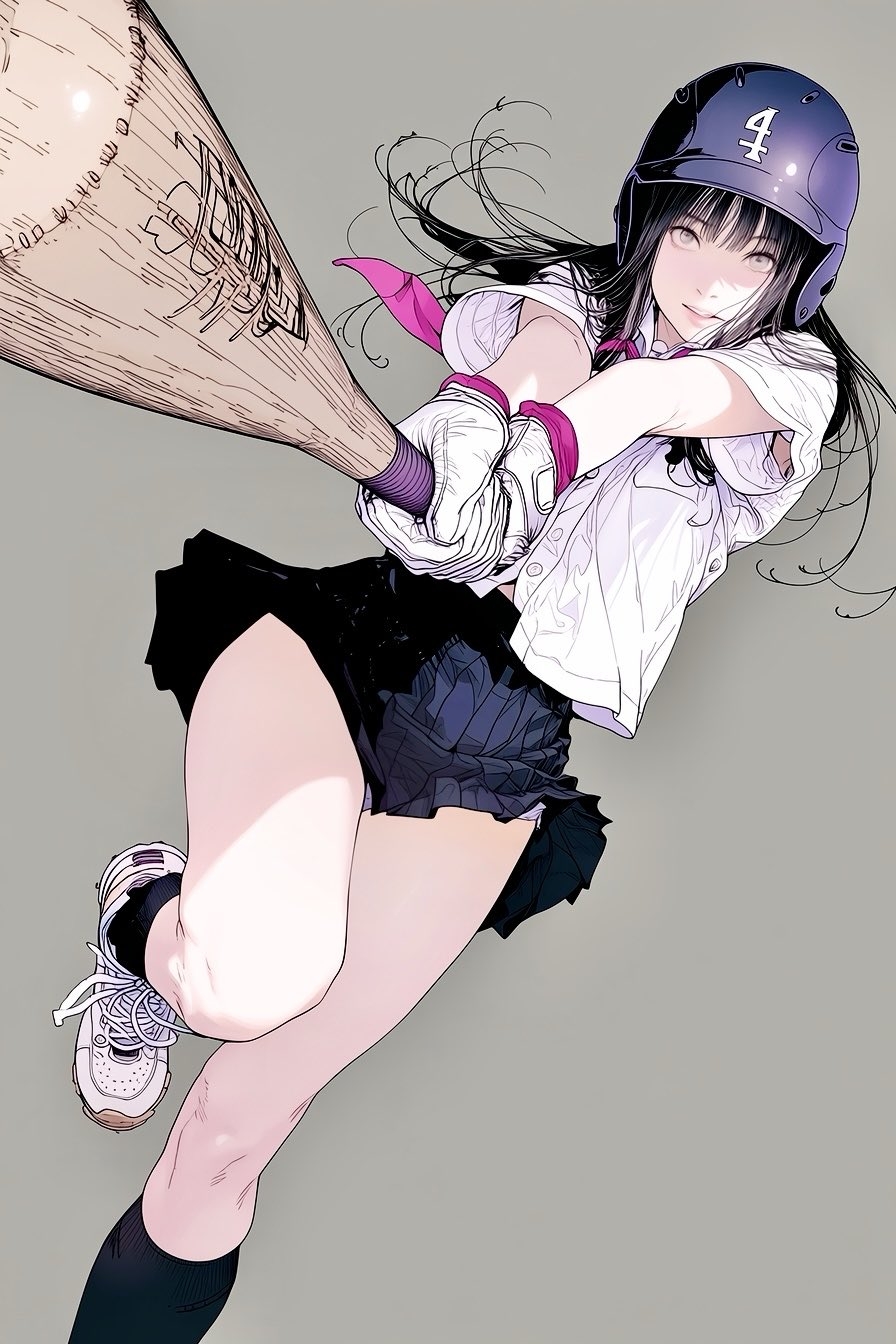 黒髪の女性がバットを振る躍動的な瞬間を捉えた