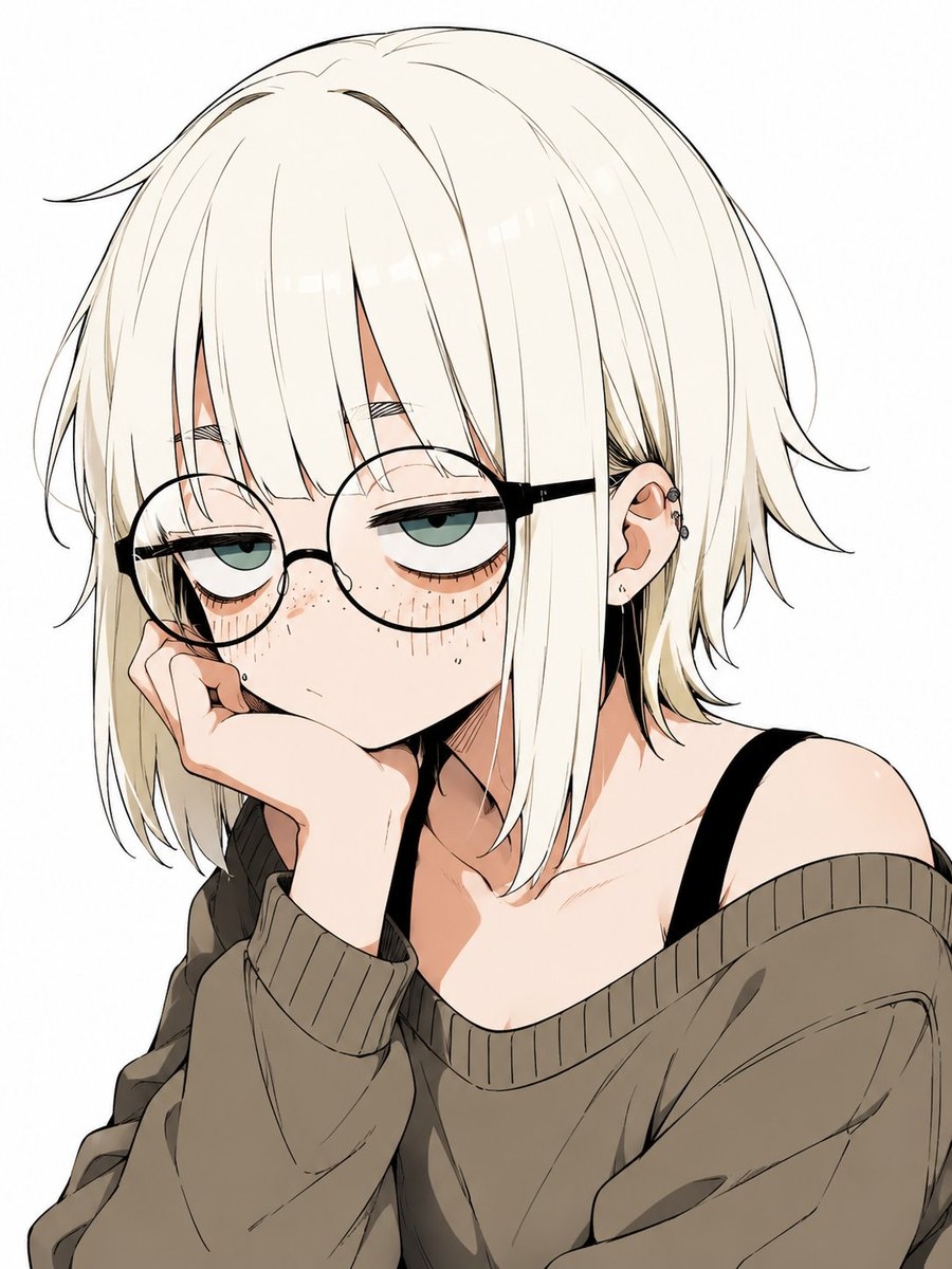 Platinum short hair with round glasses and a brown off-shoulder sweater exudes a relaxed vibe