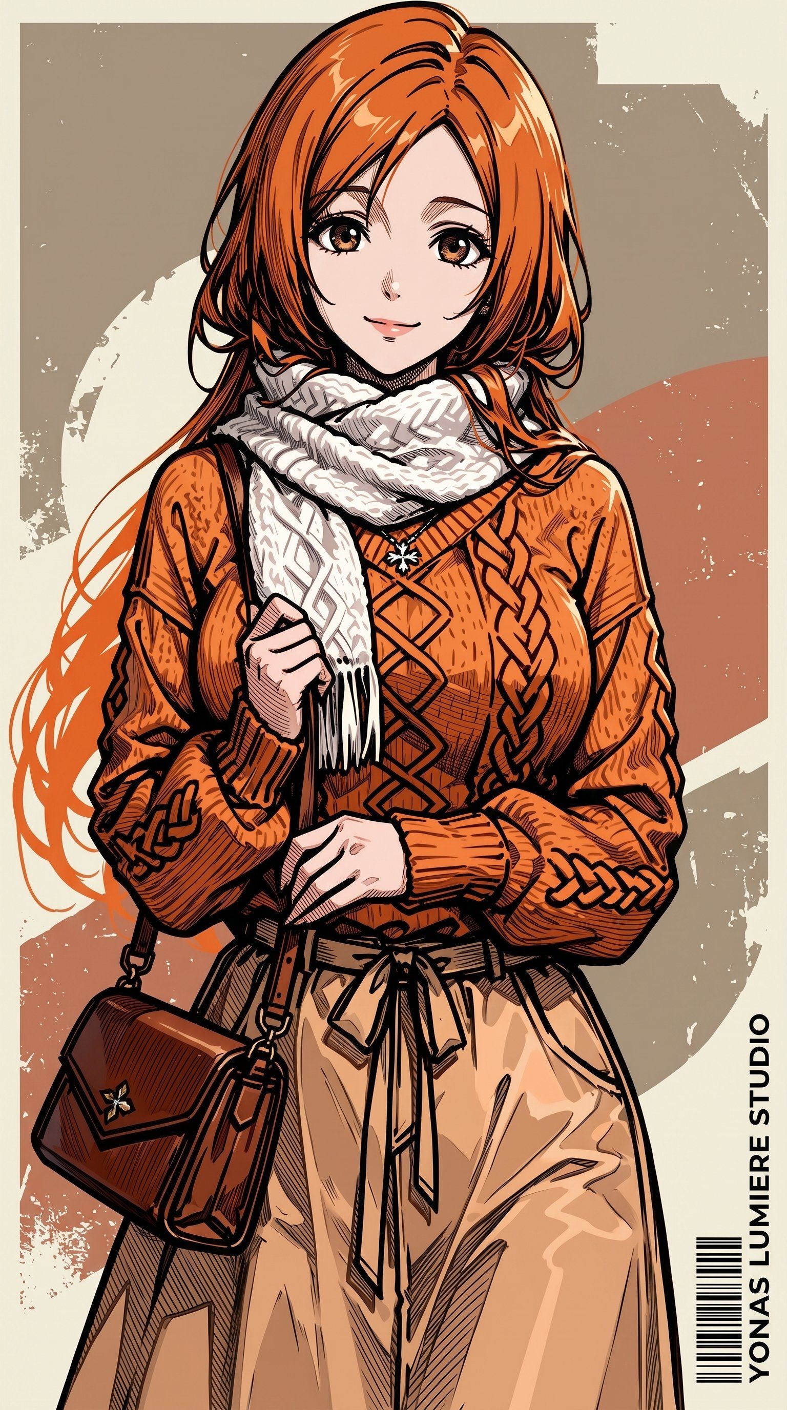This fan art features a warm orange sweater and a cream-colored scarf