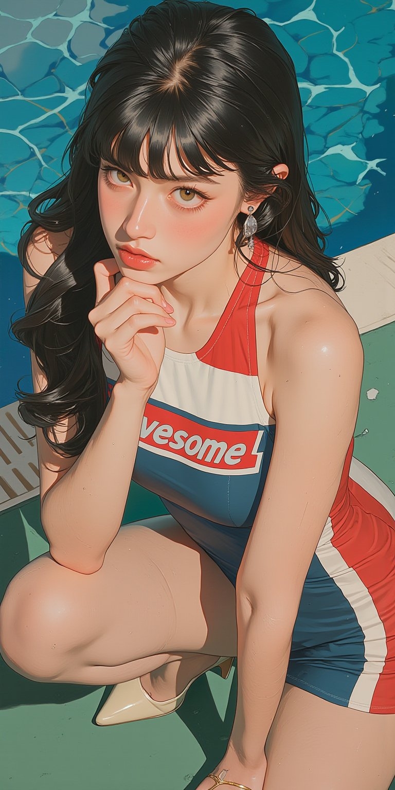 검은색 긴 웨이브 머리의 여성이 빨강, 파랑, 흰색이 조화를 이루는 복고풍 원피스 수영복을 입고 수영장 옆에 앉아 있다