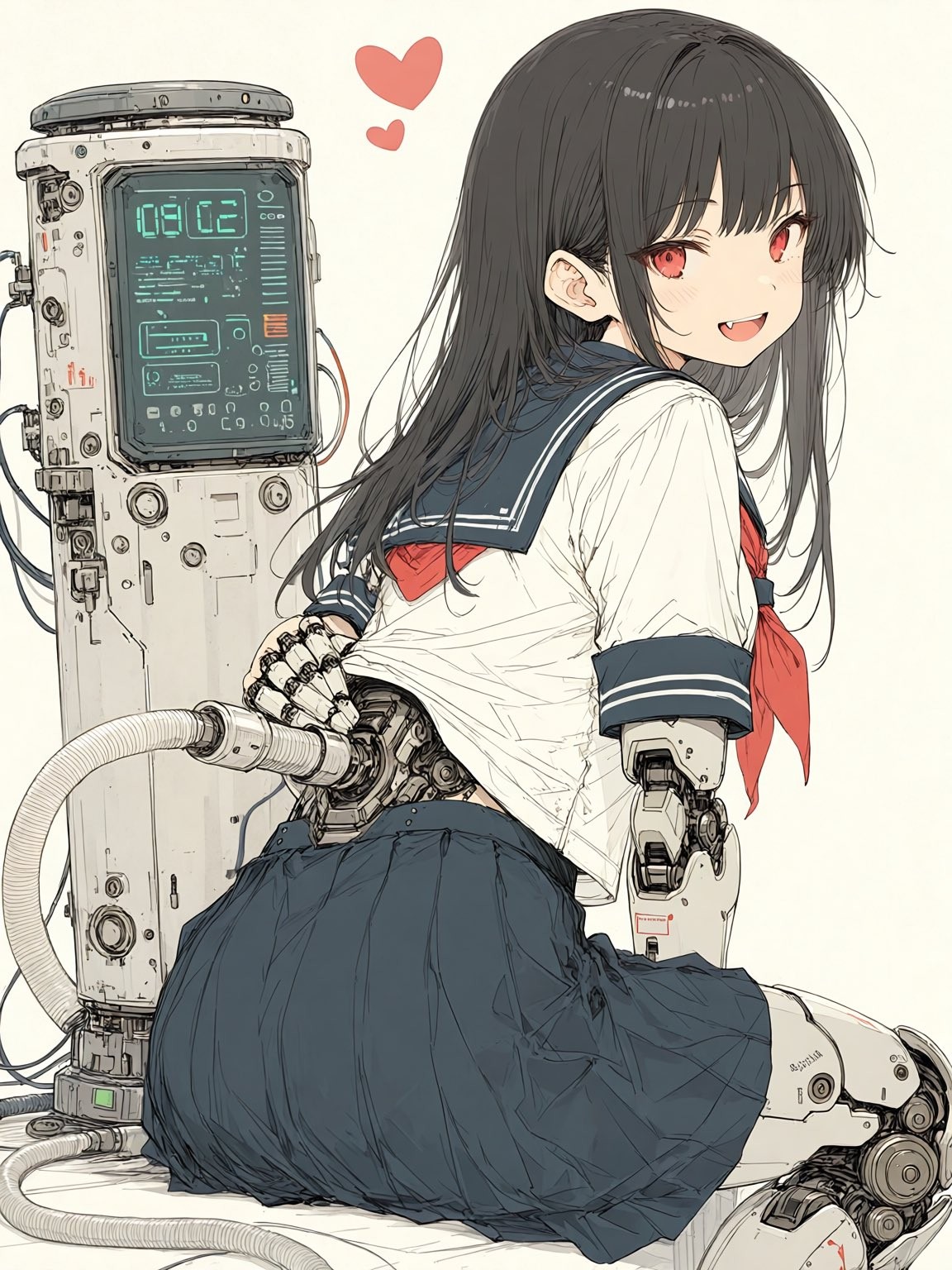 A long-haired girl shows her mechanical arm underneath a sailor suit