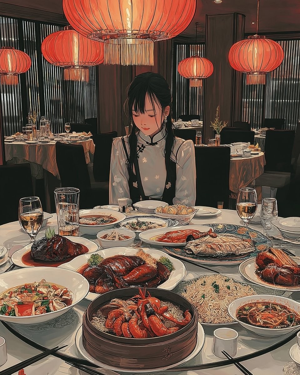 A girl with twin braids and bangs sits alone at a table enjoying a Cantonese feast