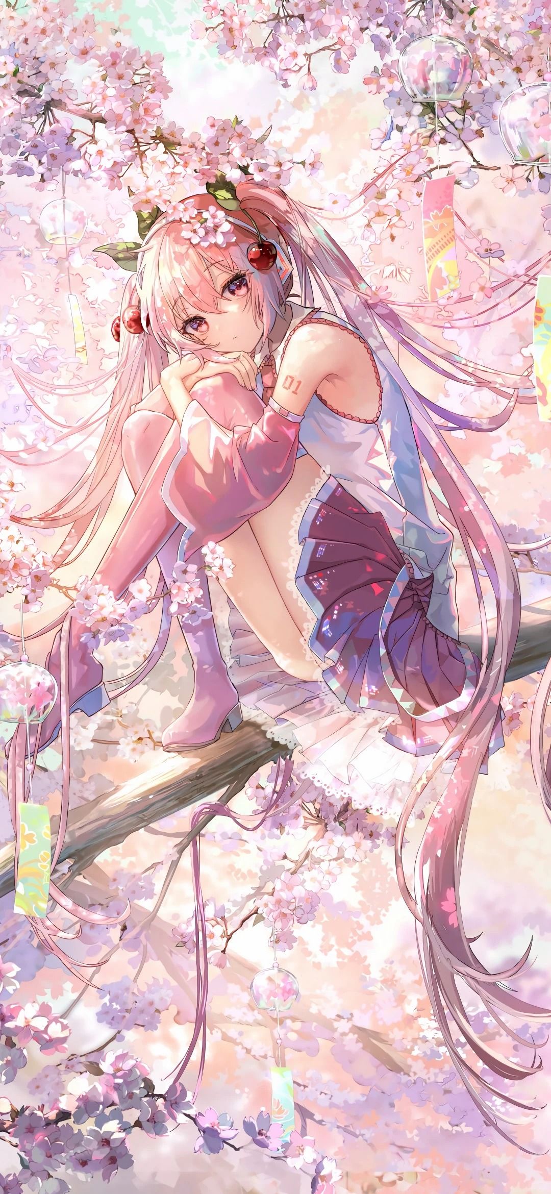 A pink-haired girl sits under a cherry blossom tree showcasing spring romance