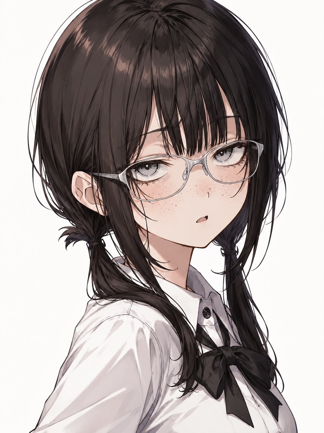 A girl with black twin tails wears a white shirt and a black bow tie