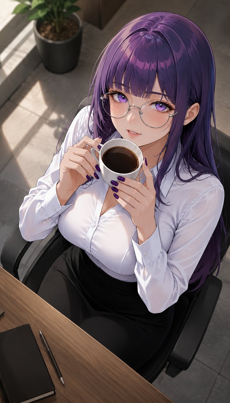 Ein Mädchen mit langen lila Haaren trägt ein weißes Hemd und einen schwarzen Rock und hält elegant einen Kaffee im Sitzen