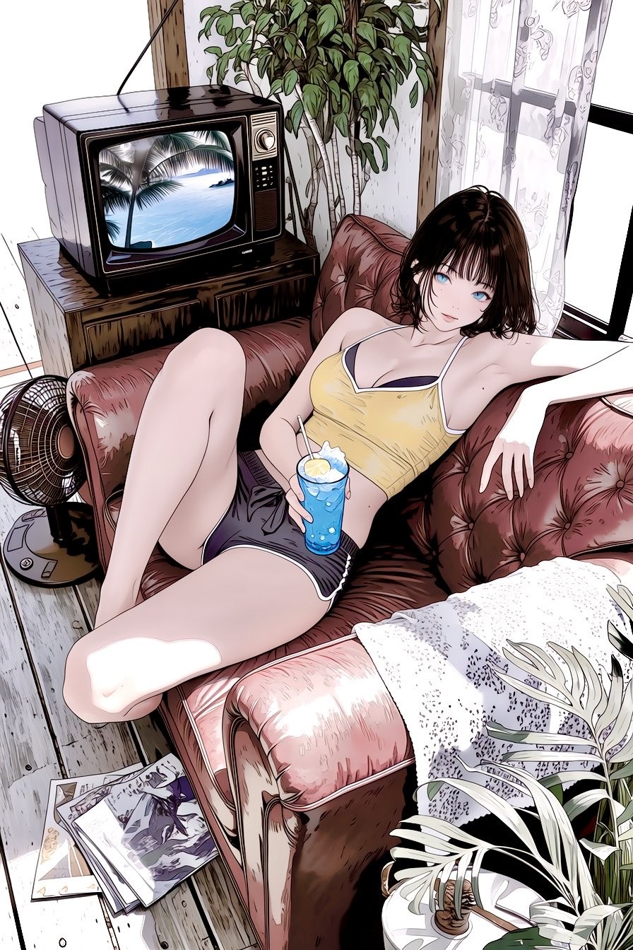 Eine junge Frau ruht auf einem Vintage-Sofa, trägt ein blaues Top und dunkle Sportshorts und hält ein eisgekühltes Getränk mit Zitrone