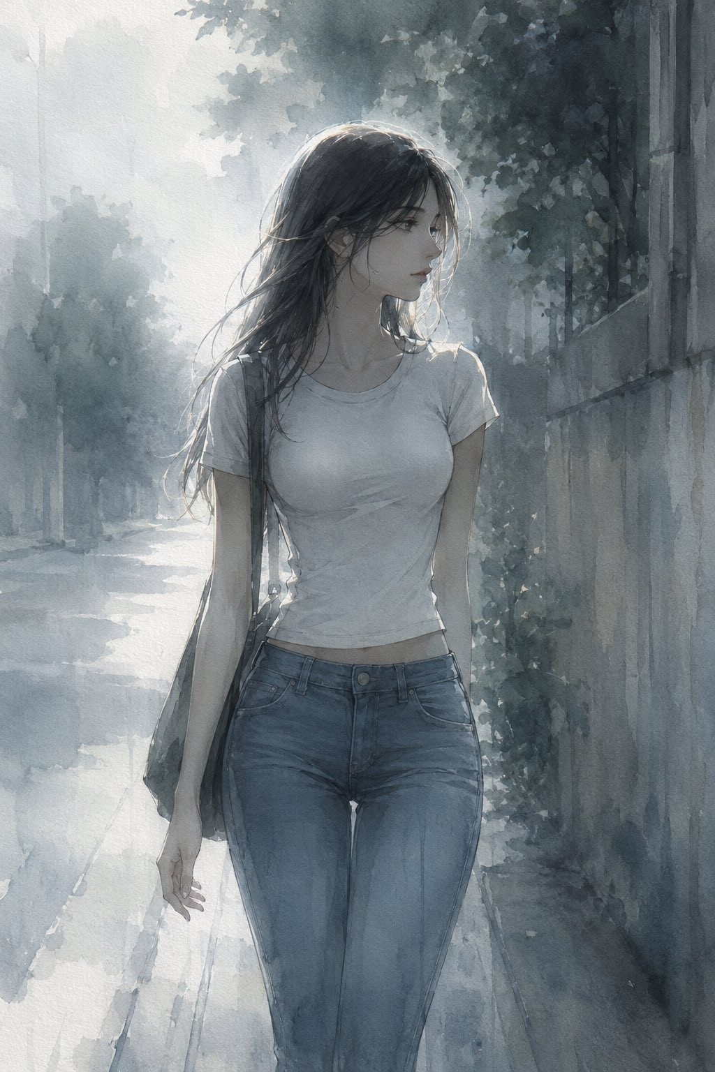 Ein Mädchen in einem weißen T-Shirt und Jeans geht die Straße entlang