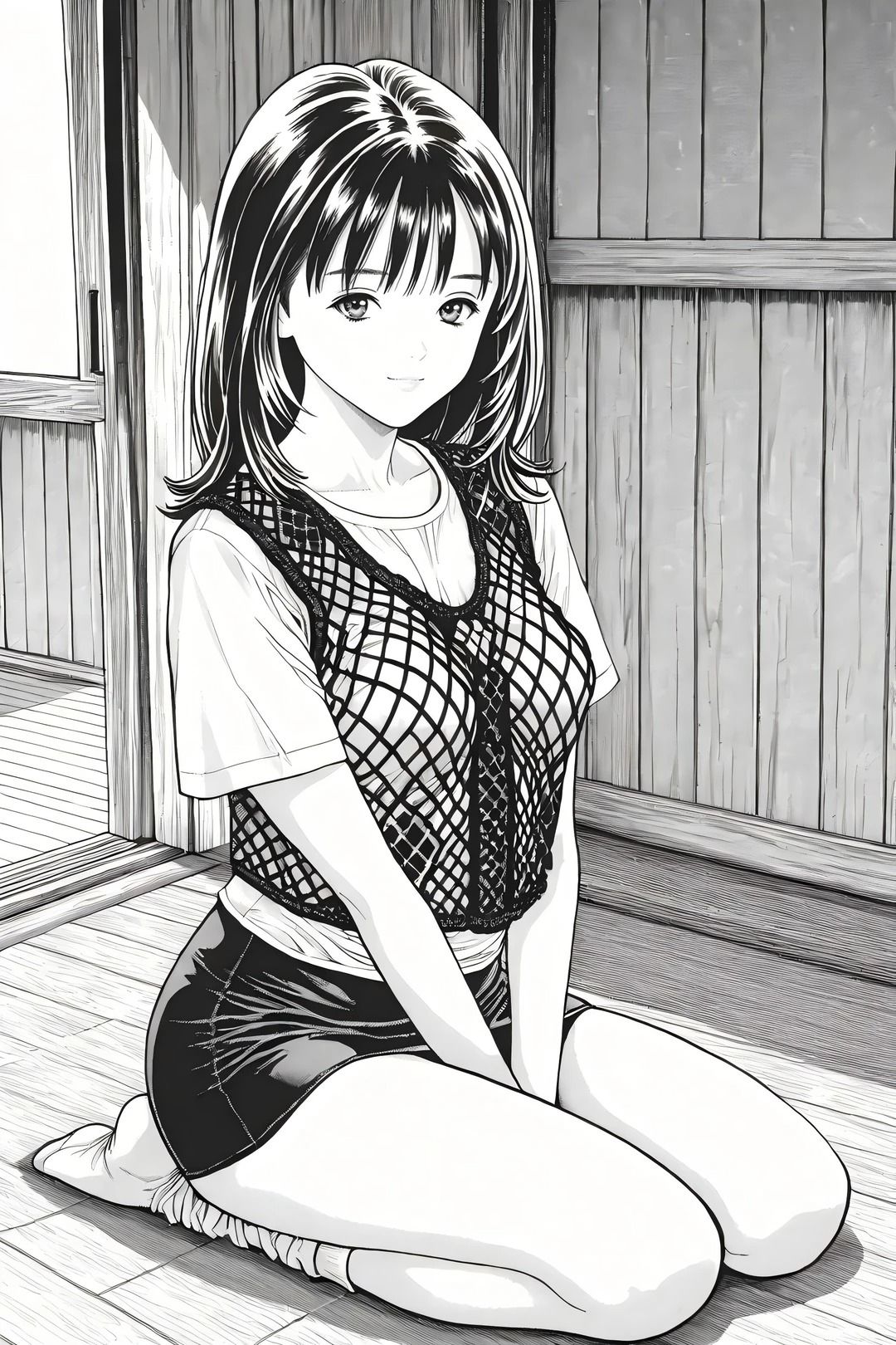 A girl with long black hair wearing a white T-shirt and black mesh tank top sits in a wooden room