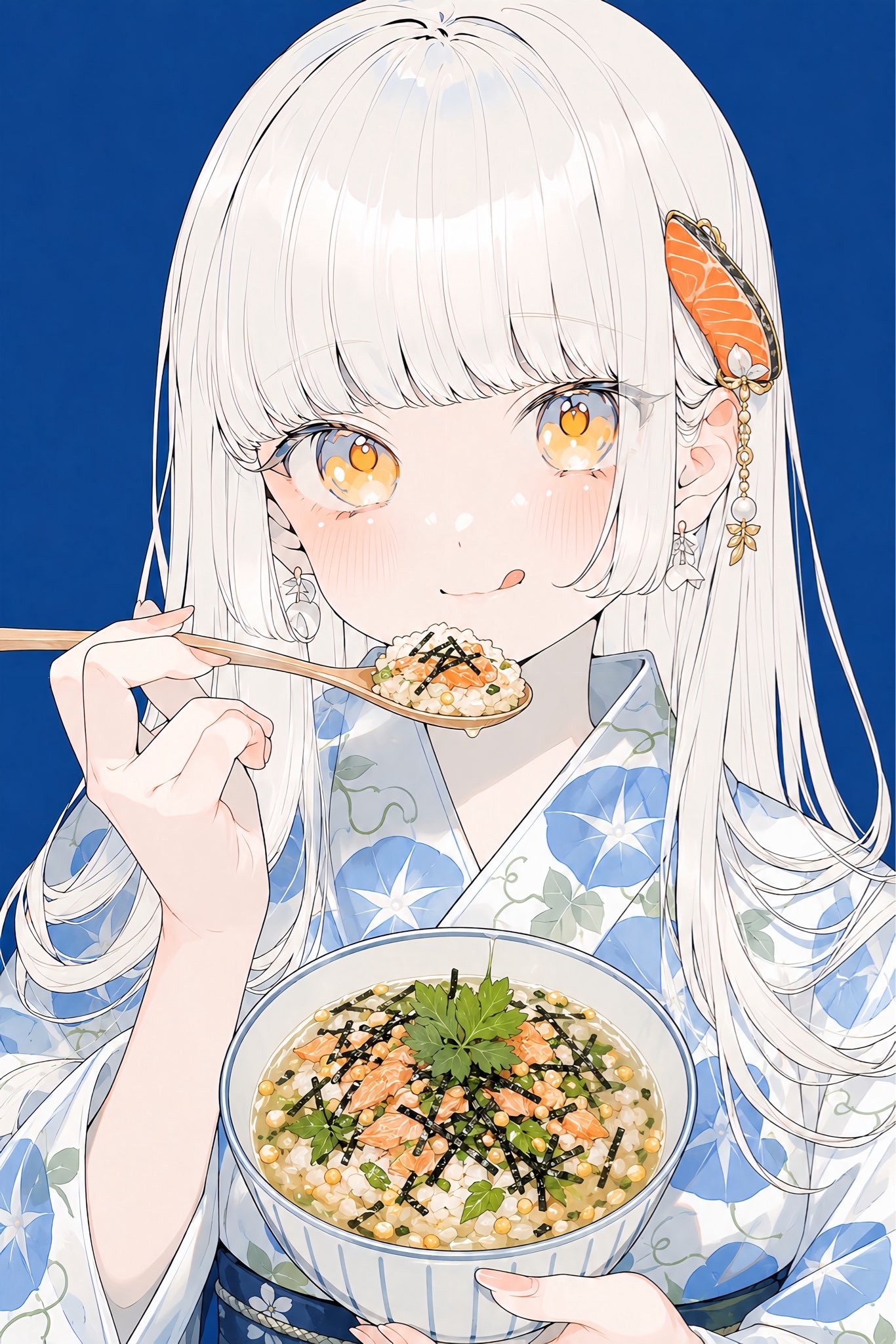 白髪の少女が青白い着物を着てお茶漬けを持っている