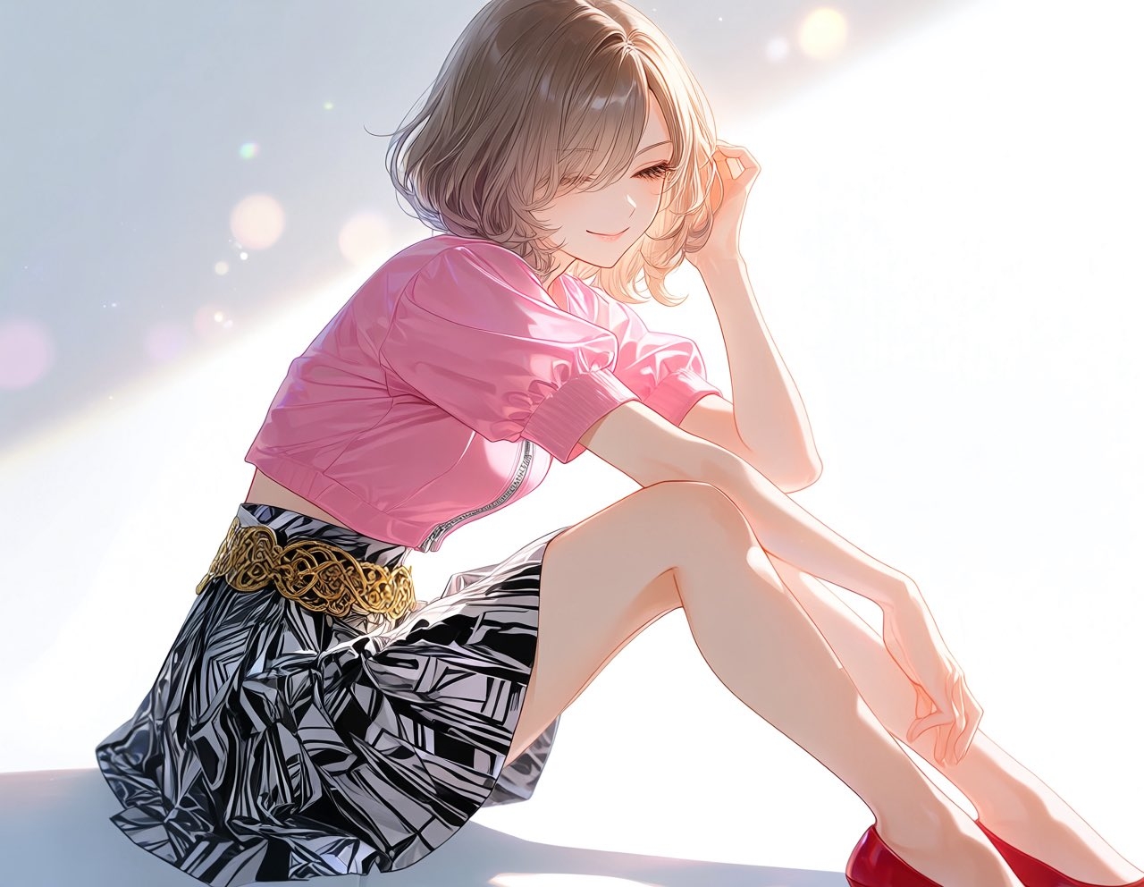 Eine sanfte Figur in einem rosa Oberteil und einem Blumenkleid sitzt im Licht