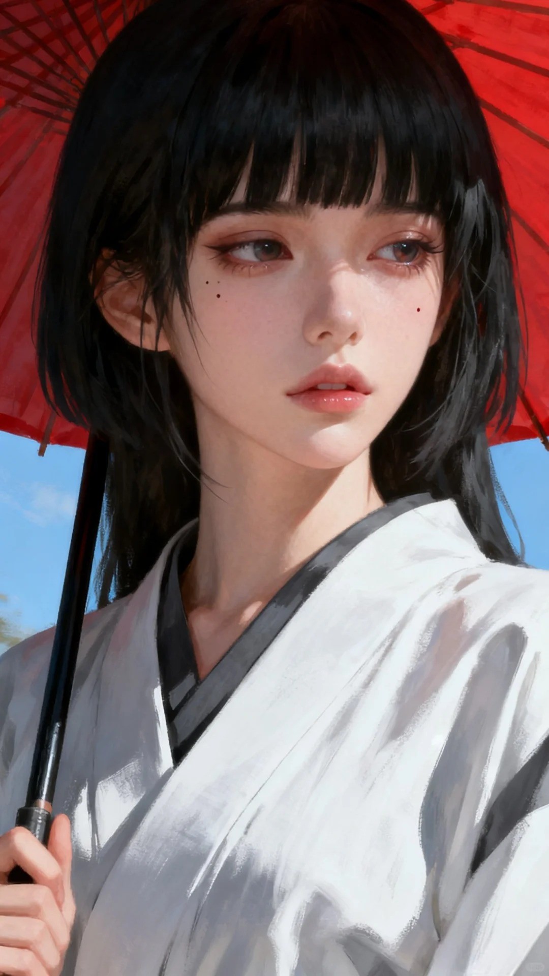 Une fille aux longs cheveux avec une frange tient un parapluie rouge et porte une longue tunique blanche