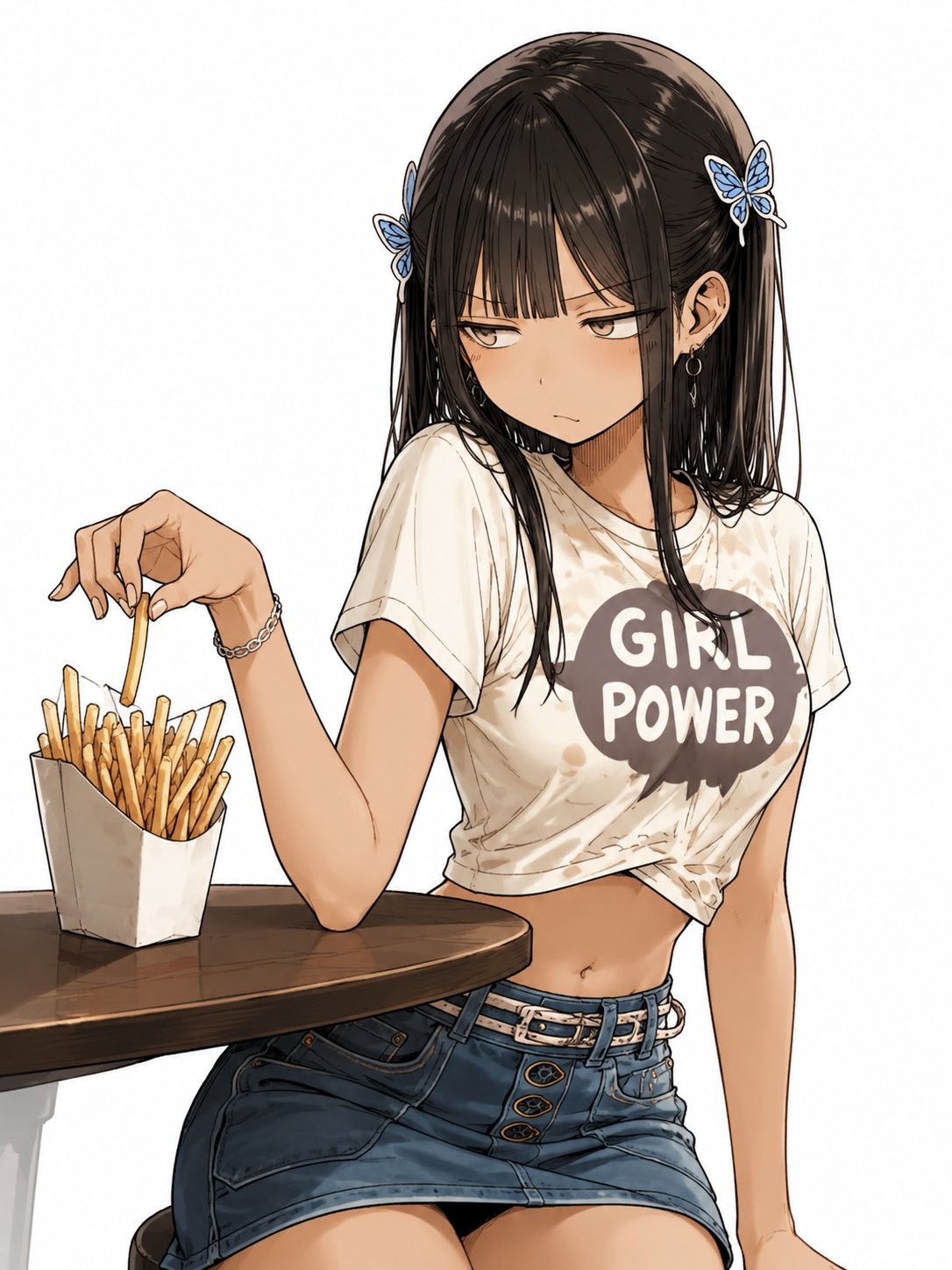 A girl with medium dark brown hair wearing blue butterfly hair clips, a white 'GIRL POWER' T-shirt and high-waisted denim skirt, sitting in an American fast-food scene