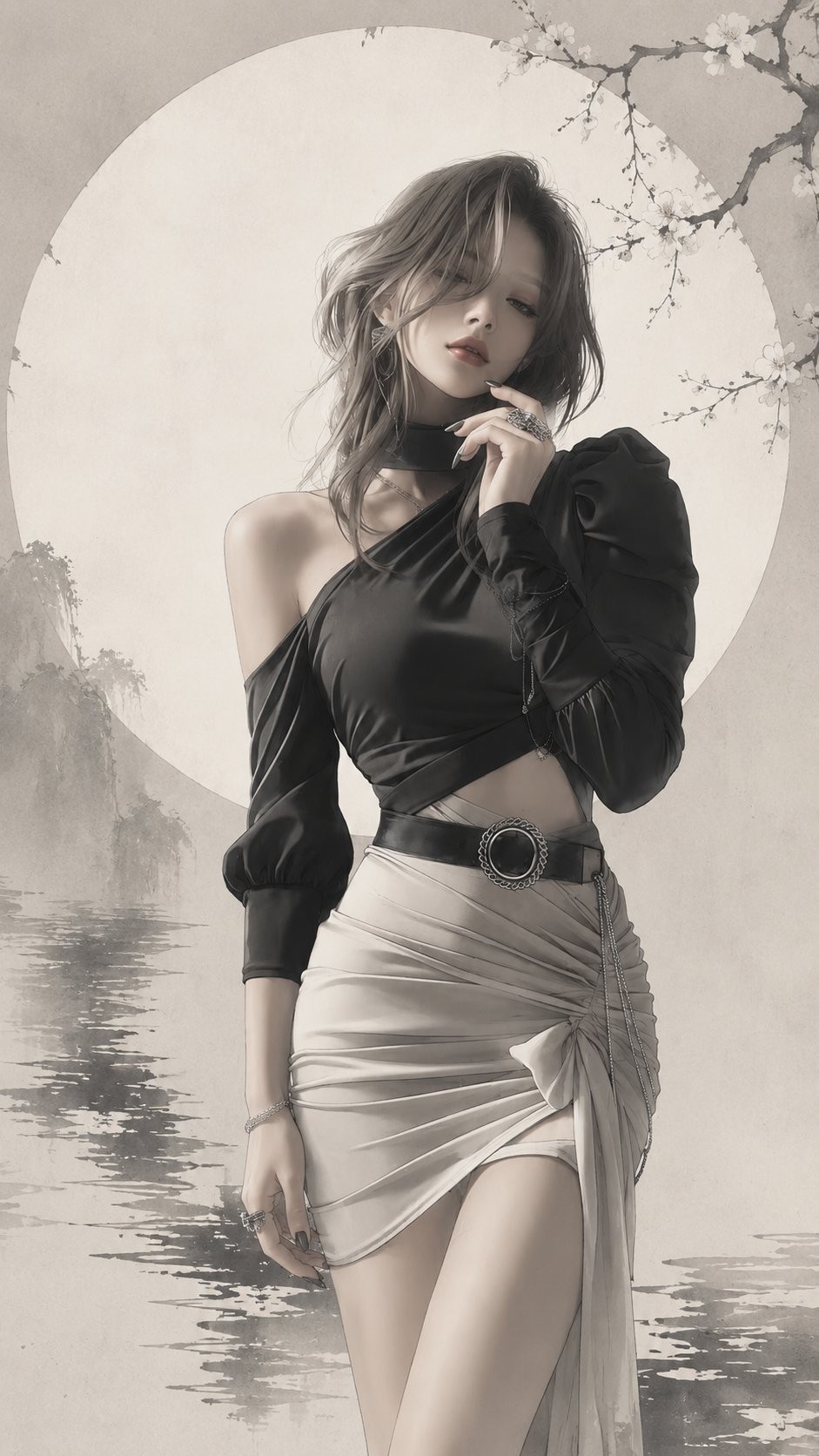 The ink wash fashion under the moon showcases the blend of Eastern aesthetics and modern f...