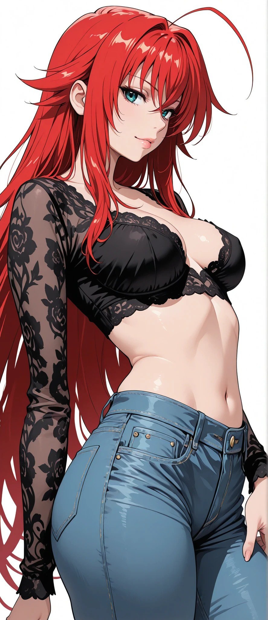Die Illustration stellt eine rothaarige weibliche Figur dar, die ein schwarzes Bustier und blaue enge Jeans trägt