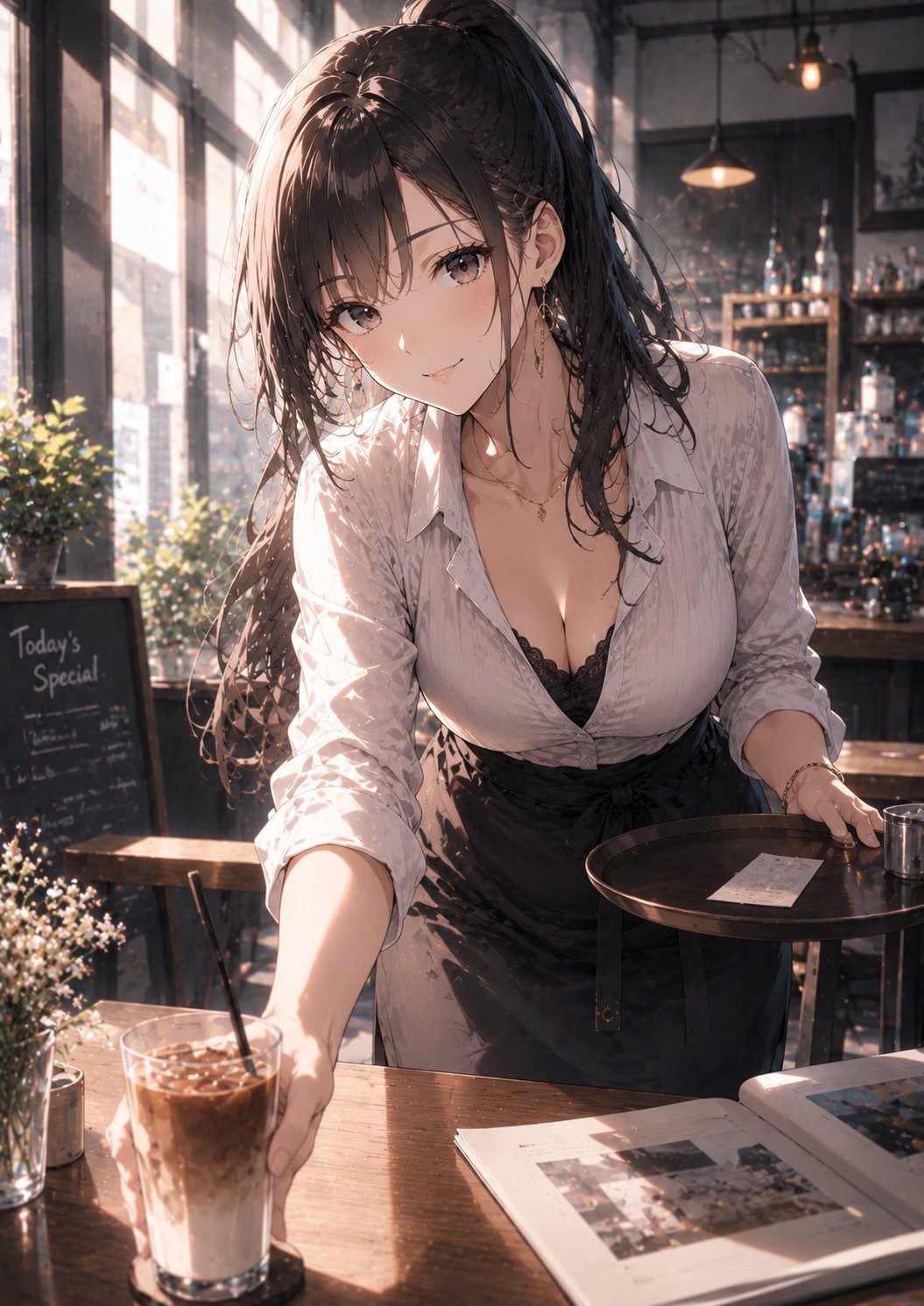 A girl in a light gray striped shirt and black apron serves drinks at a café