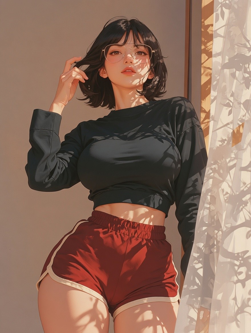 A girl with short black hair wearing a black crop hoodie and burgundy shorts