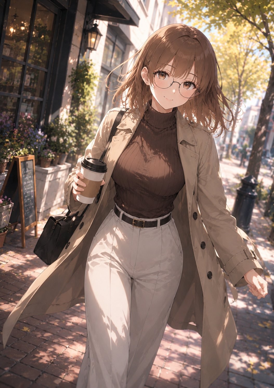 A girl with light brown medium-length hair wearing black glasses elegantly walks along an...