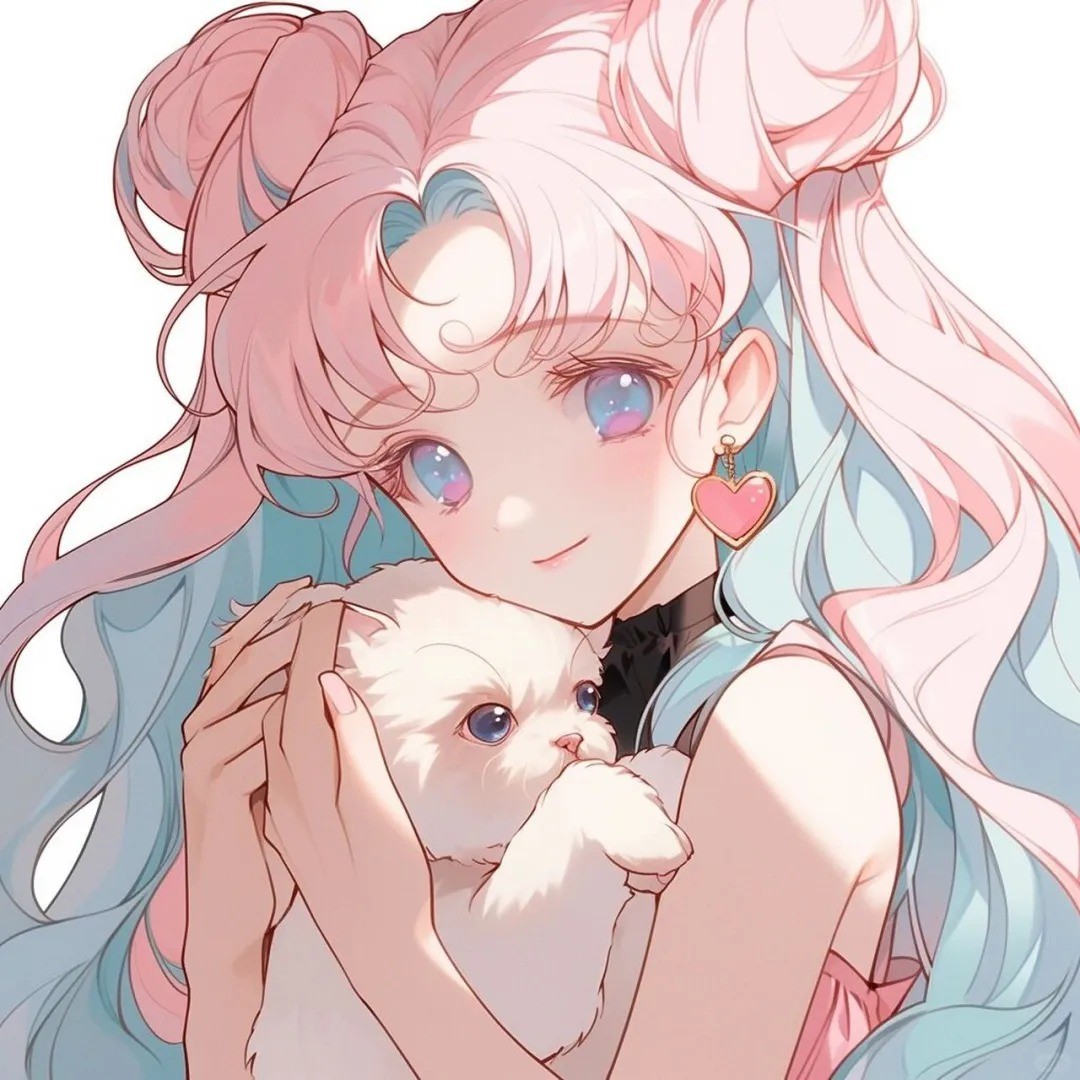 A girl with pink-blue gradient twin tails is holding a white kitten