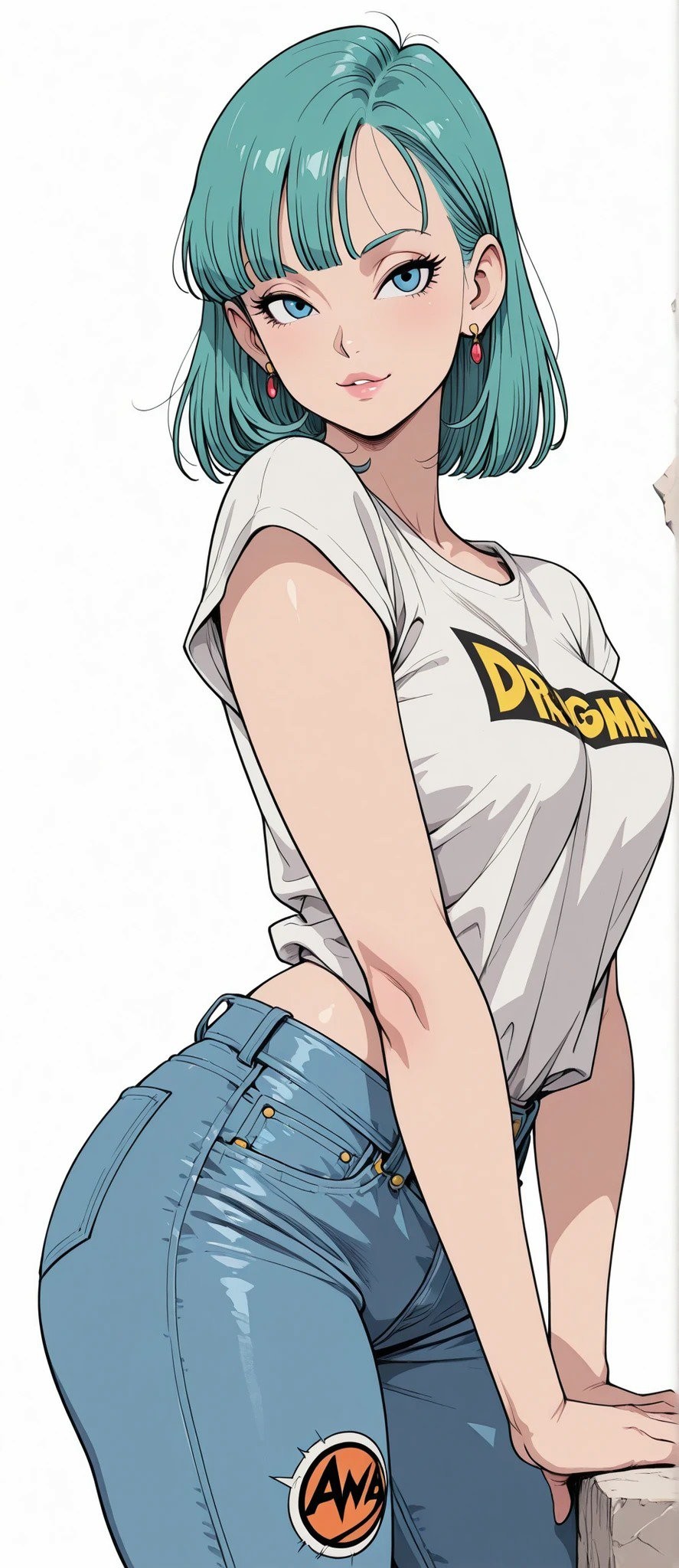 L'illustration présente une réinvention moderne d'un personnage classique d'anime avec des cheveux courts vert d'eau et des yeux bleus glacés, émanant confiance et espièglerie