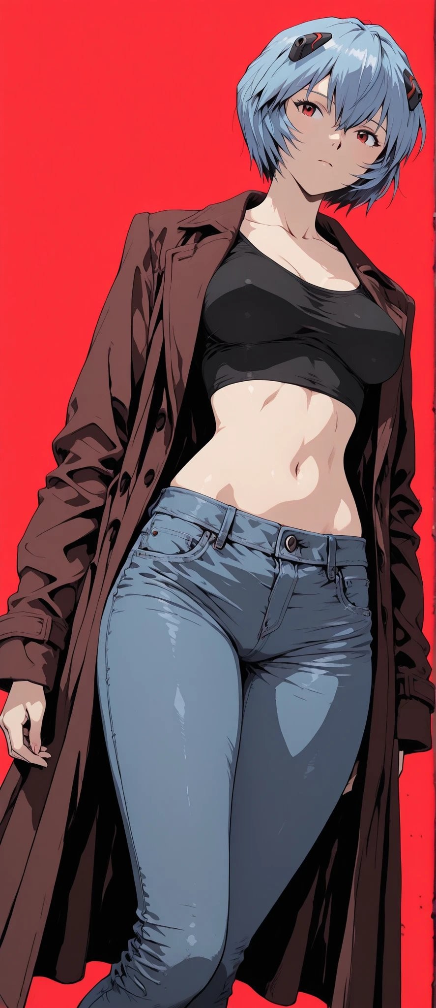 Une fille classique aux cheveux bleus portant un crop top noir avec un long manteau brun et un jean bleu clair